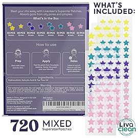 LivaClean 720 CT (3 Pack of 240) Superstar Pimple Patch for Face - Salicylic Acid & Tea Tree, Hydrocolloid Acne Patch, Pimple Patches Star Cute Zit Patches - 3 Sizes