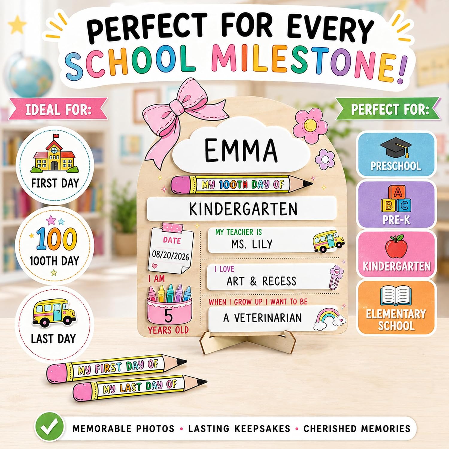 Pink Bow First Day of School Sign for Girls, Reusable Back to School Board with First Last 100th Day Interchangeable Pencils, Wooden School Milestone Sign, Kindergarten Preschool Photo Prop 8''x10''