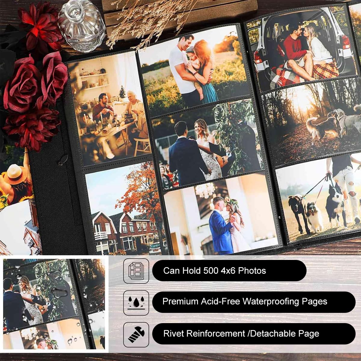 HASTHIP® Photo Album Book 4x6 500-Image Capacity PU Leather 4 Clear Windows 2