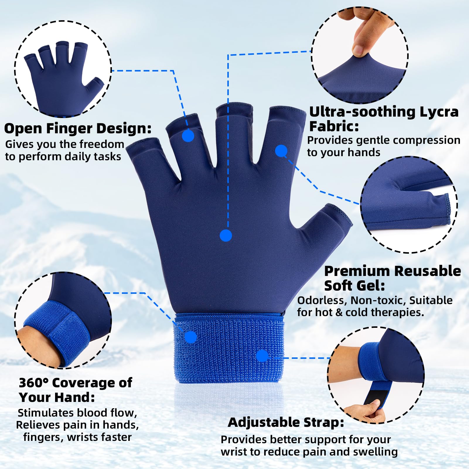 2 guantes de compresión para artritis de dedos para aliviar el dolor, terapias ajustables para frío y calor, bolsa de hielo de muñeca, guantes de hielo de gel azul reutilizables, manga de bolsa de
