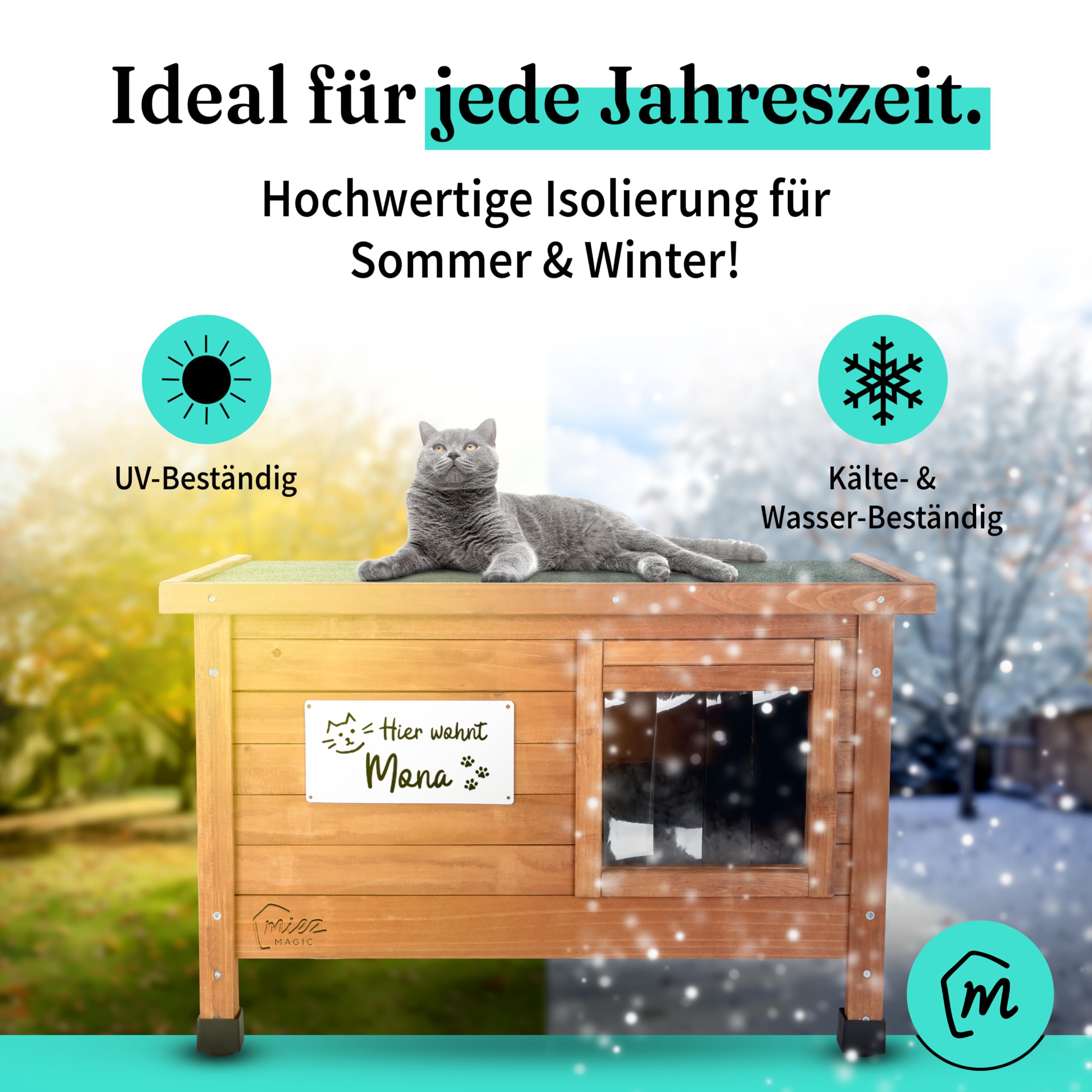 Casa para gatos exterior resistente al invierno aislada, robusta casa para gatos de madera de abeto, resistente al agua y aislada con bisagra en el techo, cómoda cabaña para gatos, incluye