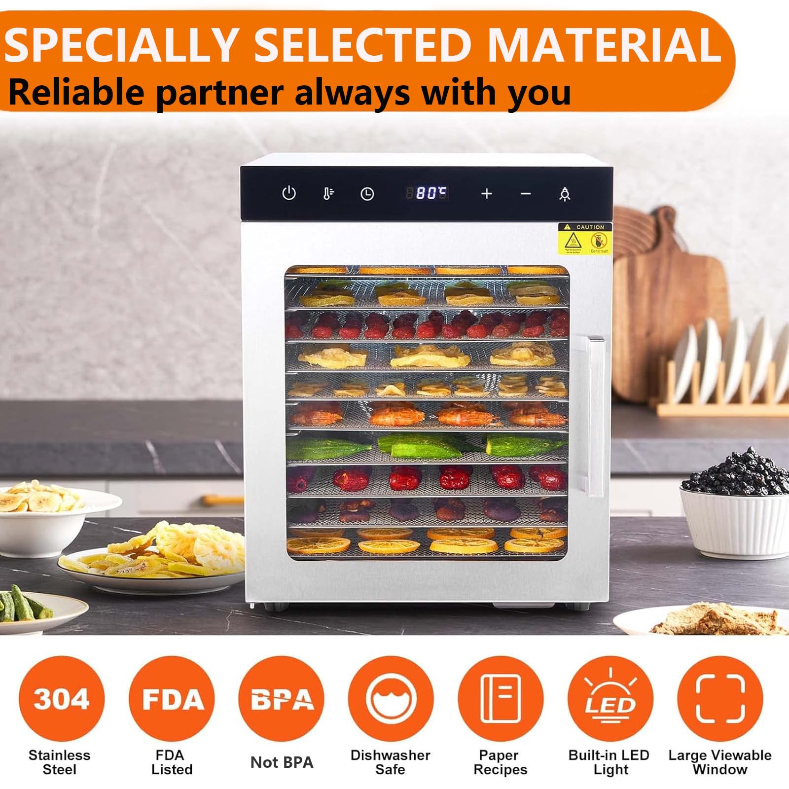 Essiccatore per Alimenti, Essiccatore A 10 Vassoi in Acciaio Inossidabile per Alimenti E Carne Secca, Erbe, Frutta, Macchina Essiccata con Timer Digitale E Controllo della Temperatura