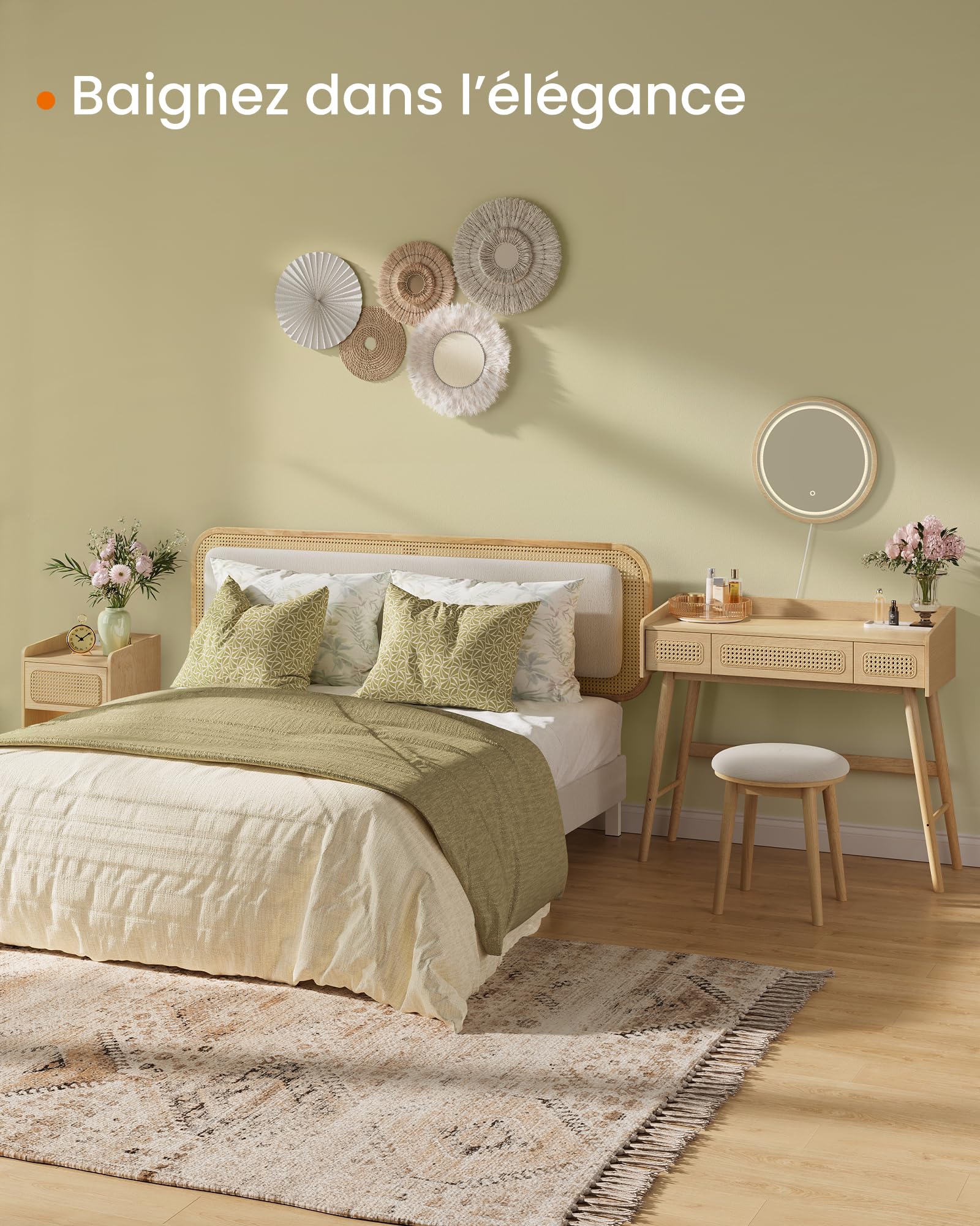 SONGMICS HOME Vanity Table with lighted mirror in a modern bedroom setting.