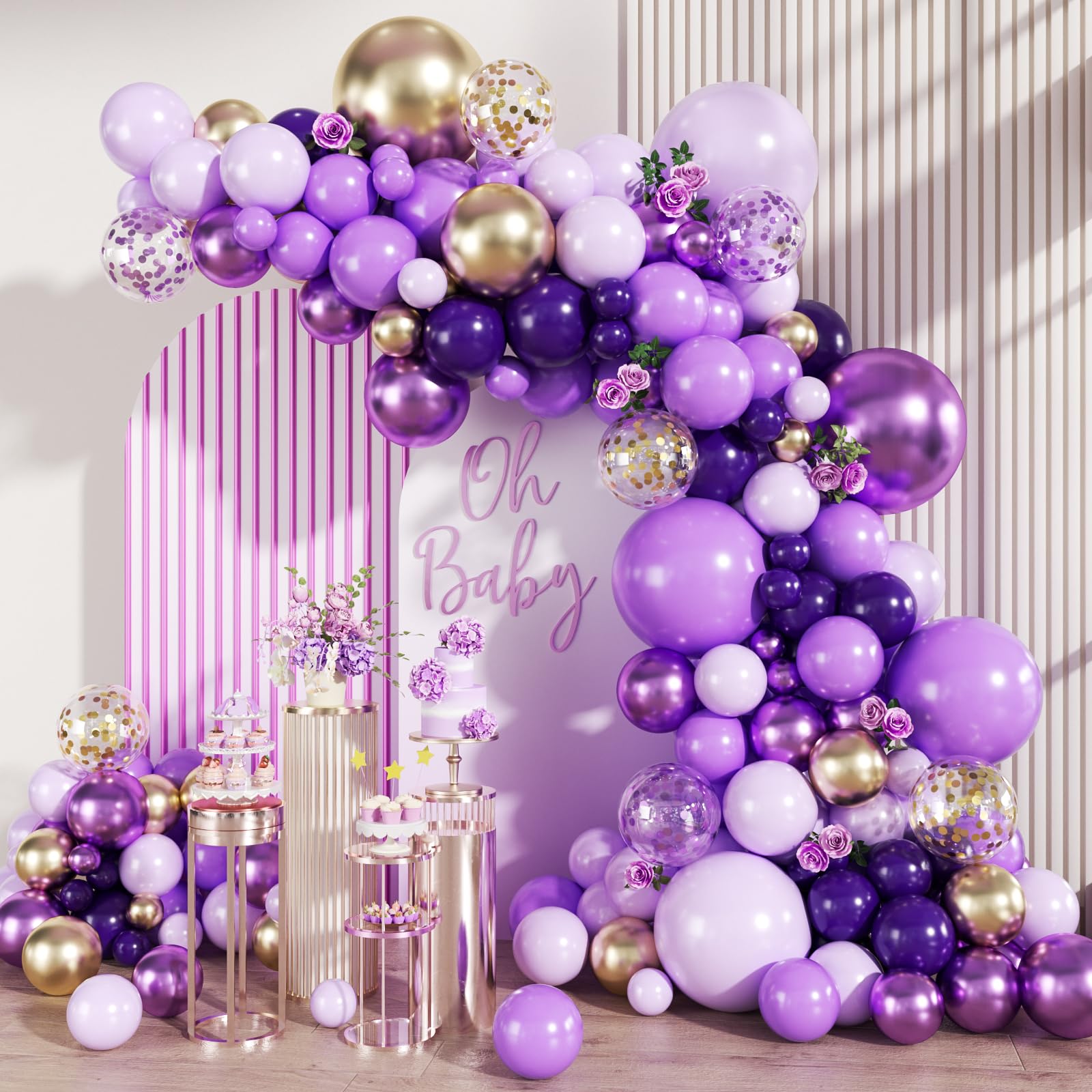 MEBAY Purple Black and Gold Balloon Arch Kit, 147PCS Latex Balloons Different Sizes 18 12 10 5 inch for Baby Shower Girl Princess Birthday Wedding