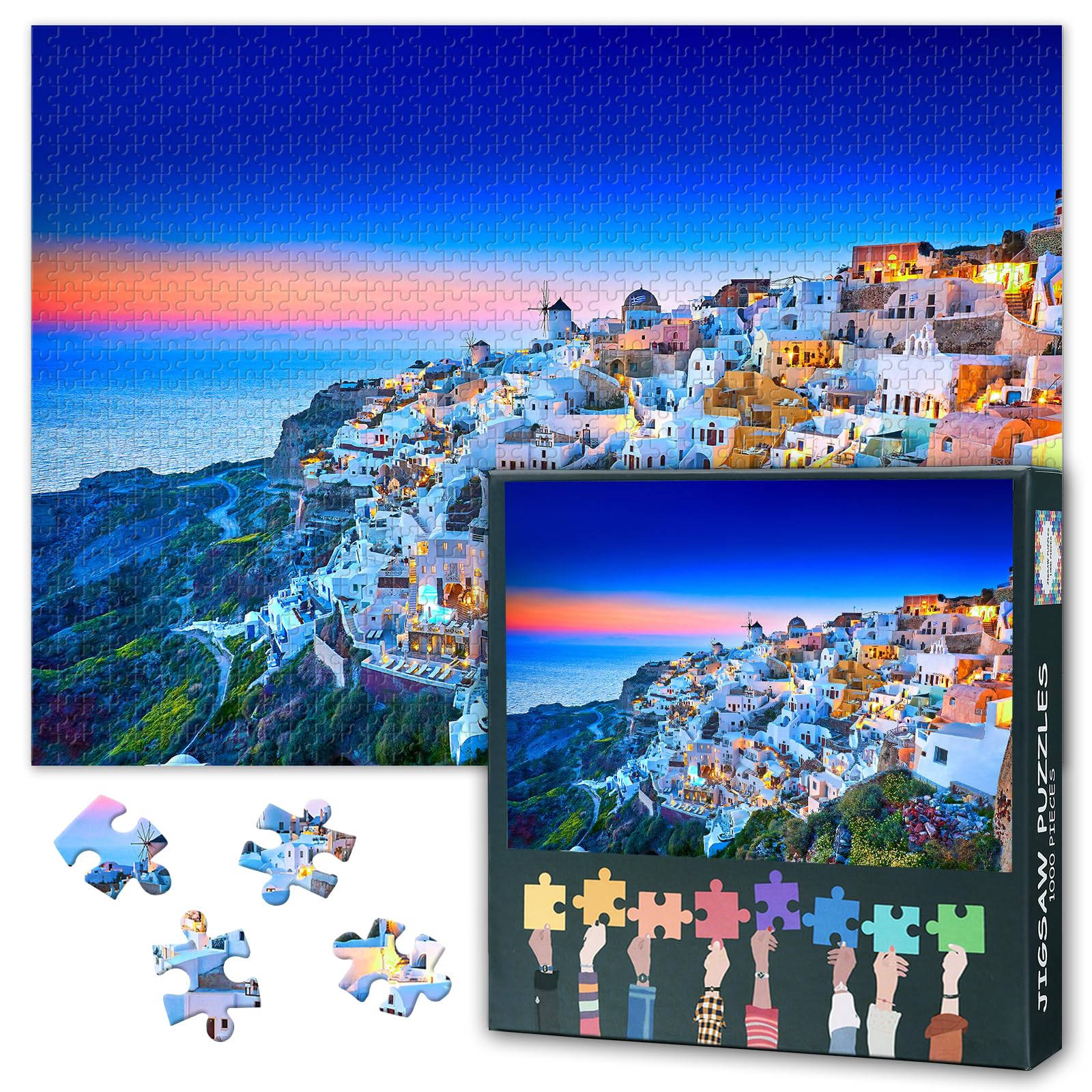 Santorini Skyline Challenging 1000 Piece Jigsaw Puzzles for Adults - 27.5x19.7 Inch Difficult Puzzle Greece Island Art, Family Educational Games & Home Decor Gift