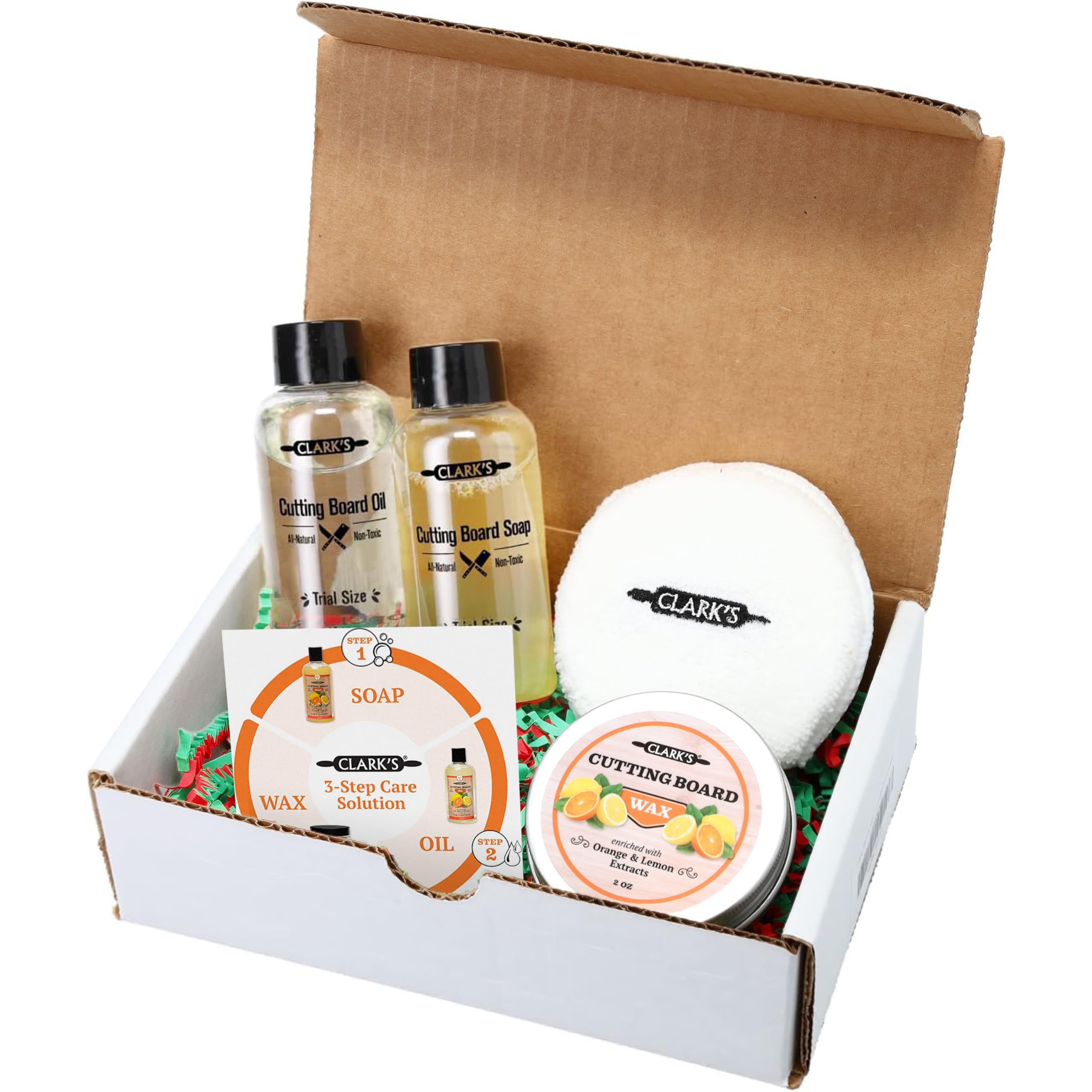 CLARK'S Cutting Board Care Gift Set - 3 Step Care Solution - Penetrates Deep Into The Woods - Perfectly Scented with Essential Oils - Prevents Cracking - Food Safe - Bring Shine to Your Cutting Board