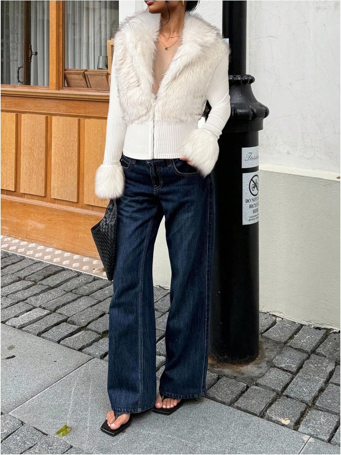 Verdusa Women's Faux Fur Furry Fuzzy Collared Zip Up Jacket Fall Clothes Slim Fit Winter Coats