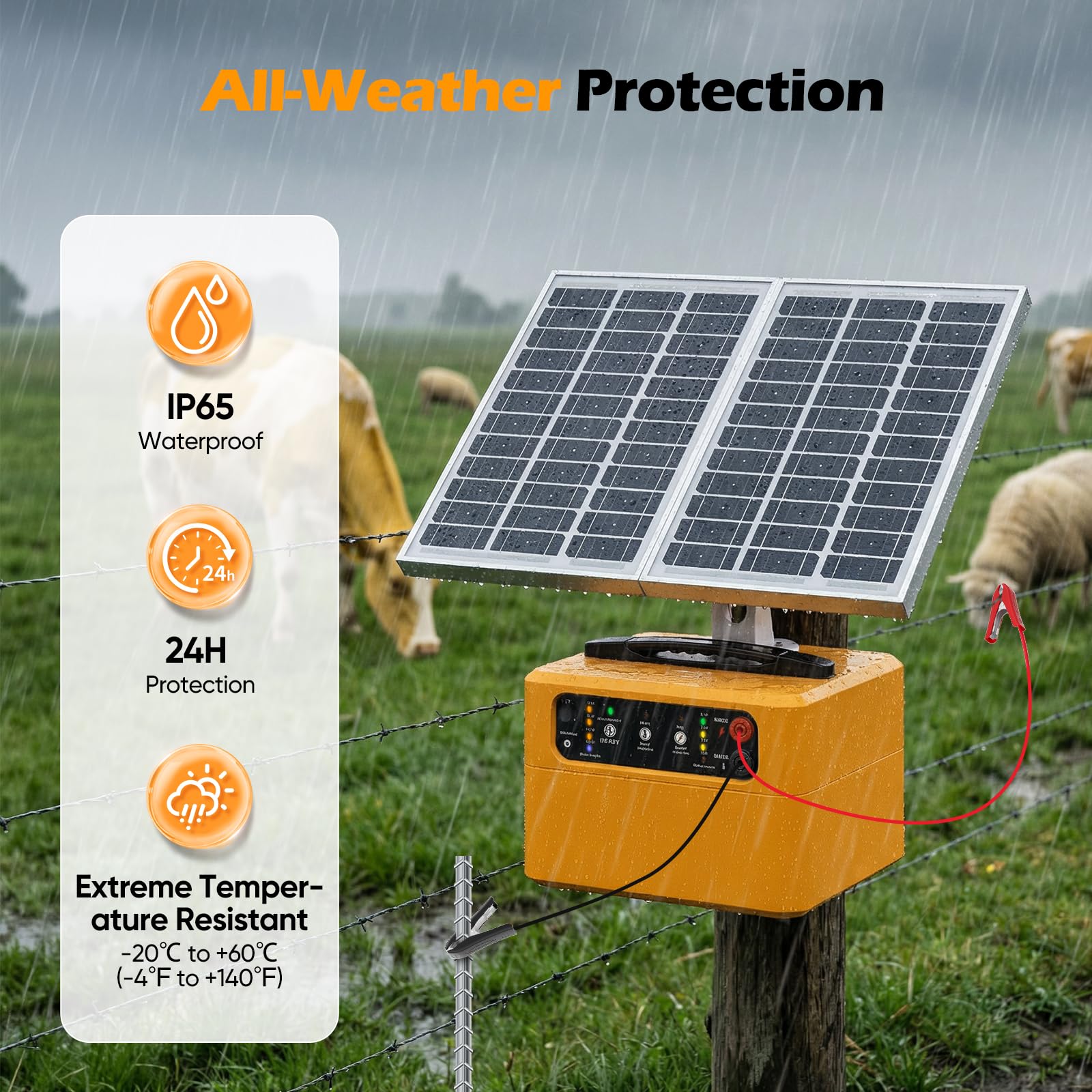 Caricatore solare per recinzione elettrica da 30 km, kit recinzione elettrica regolabile da 0,3 a 1,5 joule con pannello solare da 15 W/batteria da 7 Ah, portatile con uscita fino a 12 kV