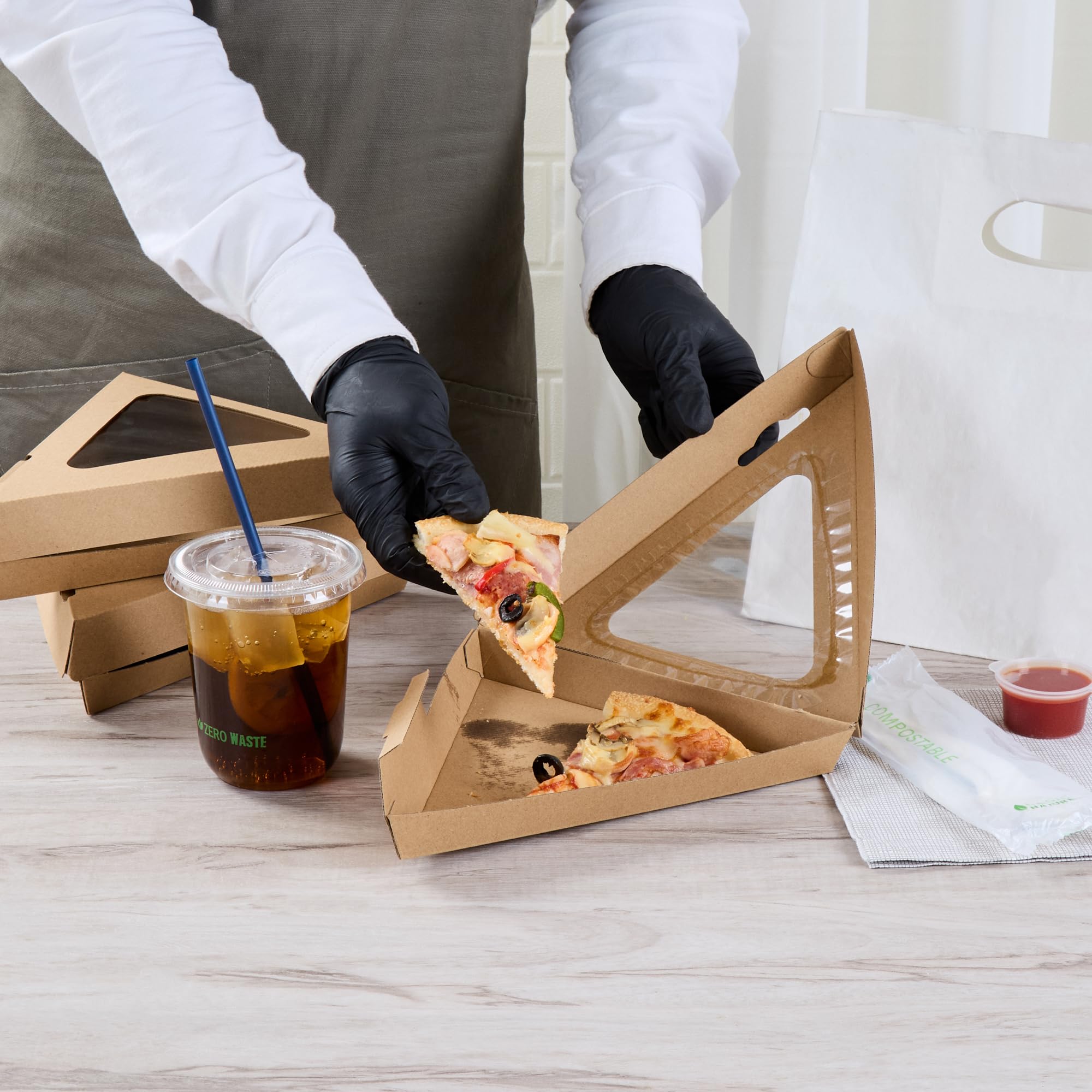 Restaurantware Eco Tek Pizzascheiben-Boxen, 23,5 x 23,9 x 5,1 cm, 100 Klapp-Pizzascheiben-Behälter, Einweg-Pizzascheibenhalter, seitliche Belüftungsöffnungen, klares Fenster