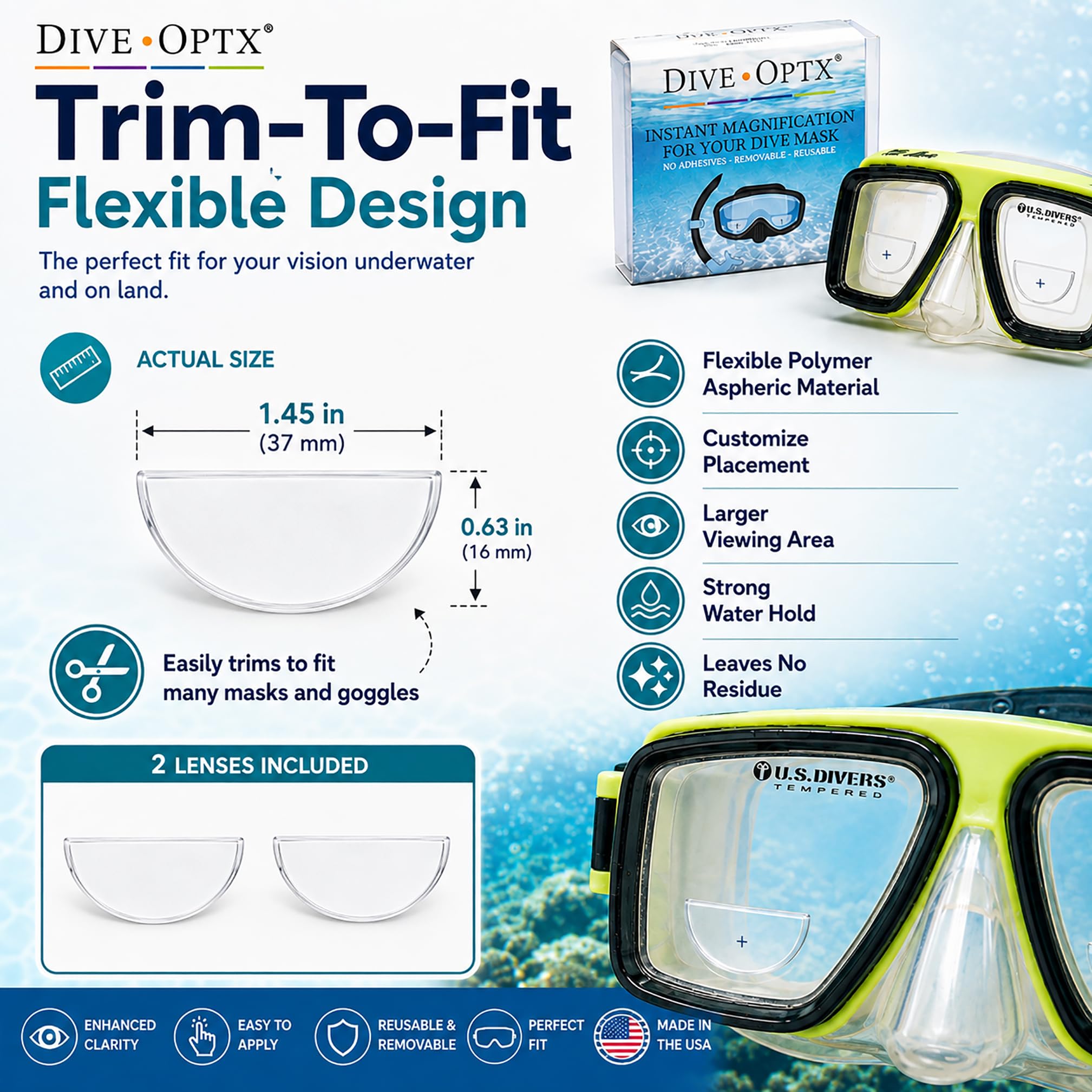 Calabria Hydrotac Dive OPTX 20/20 - Lentes bifocales adhesivas + 2.00, paquete de 2 máscaras de buceo con aumento y calcomanías bifocales