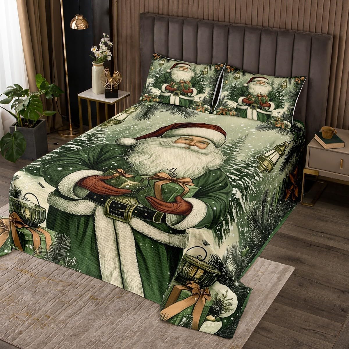 Erosebridal Kids Christmas Dinosaur Bedspread Set Cartoon Xmas Dino Print King Quilt Set for Boys Girls Teen,Cute Animal Santa Hat Coverlet Set Winter Snowflake Stars Plant Bedding Set