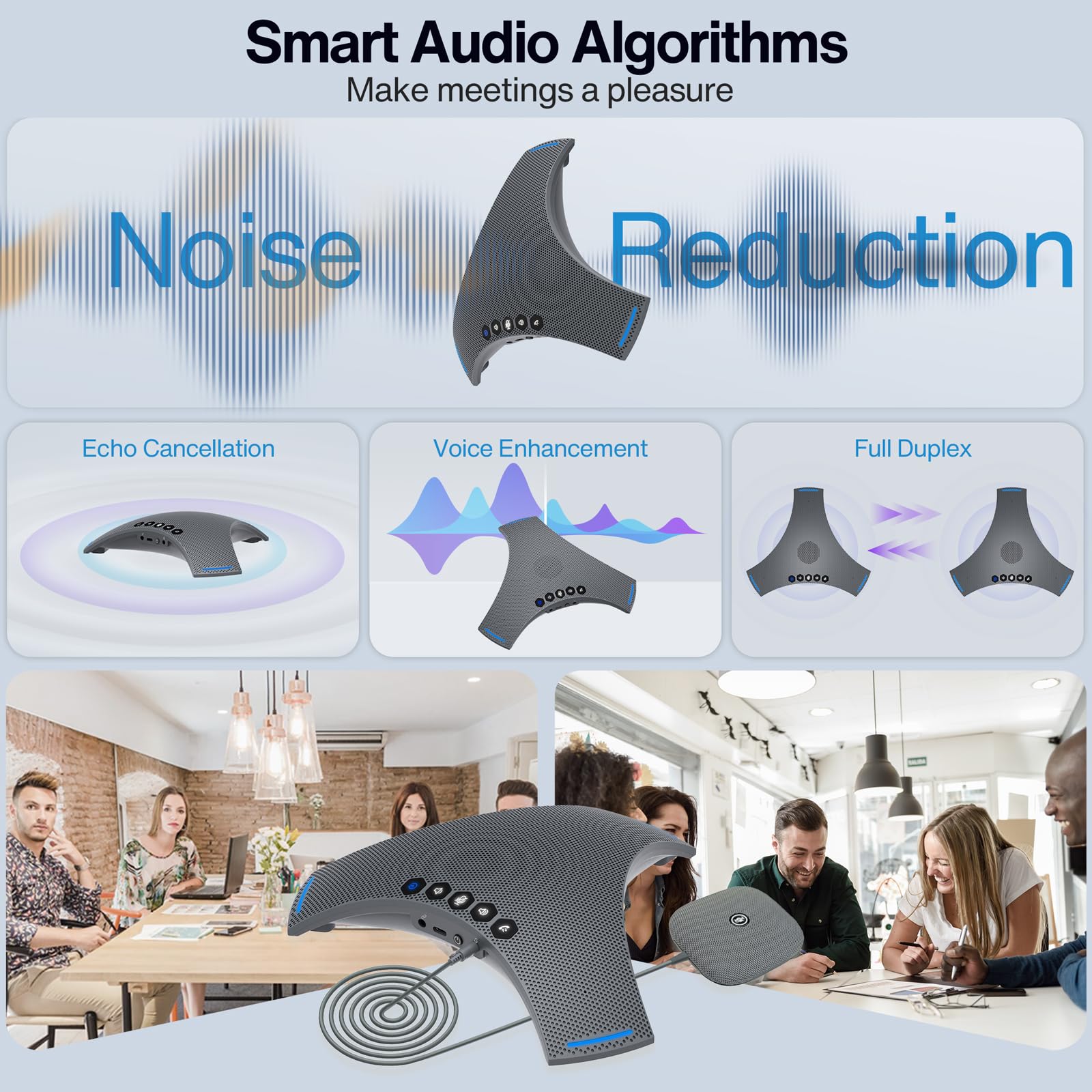 Altoparlante e microfono per conferenze – Vivavoce Bluetooth con catena a margherita, cancellazione del rumore AI, miglioramento vocale, supporto dongle wireless, connessione USB, compatibile