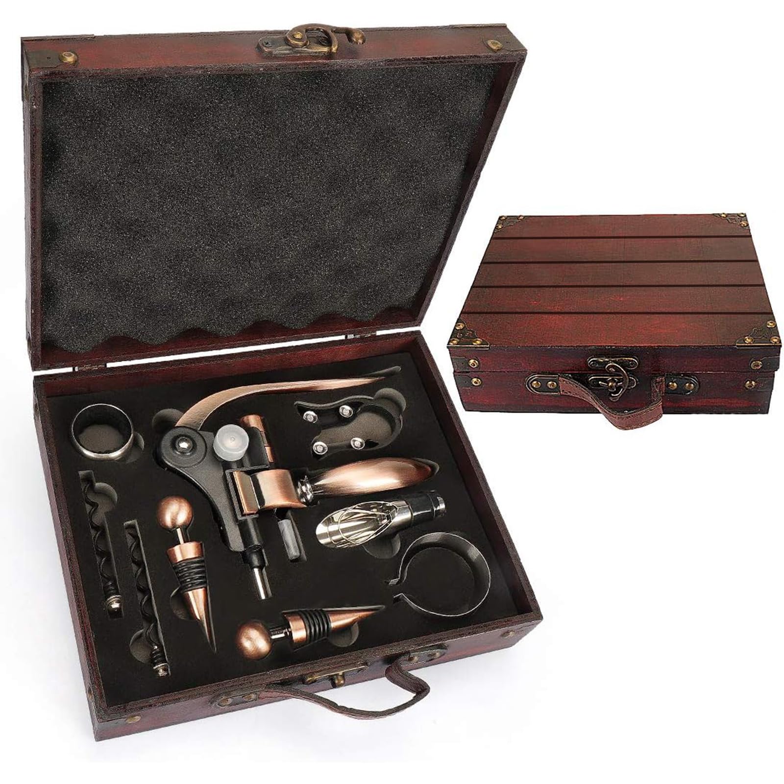 Ensemble ouvre Bouteille de vin dans Une boîte Cadeau en Bois,ouvre Bouteille vin de Luxe,Ensembles d'accessoires pour vin,Set de Sommelier avec Tire-Bouchon (Antike kiste1)