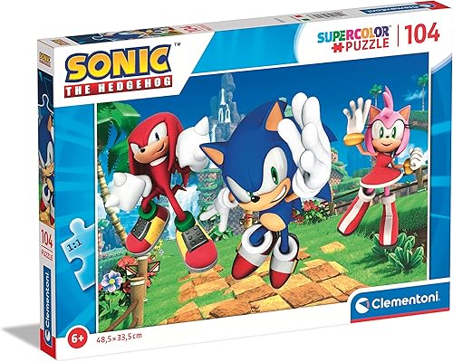 Clementoni - 27256 - Rompecabezas Supercolor - Sonic - 104 piezas, rompecabezas para niños de 6 años, rompecabezas de dibujos animados, hecho en