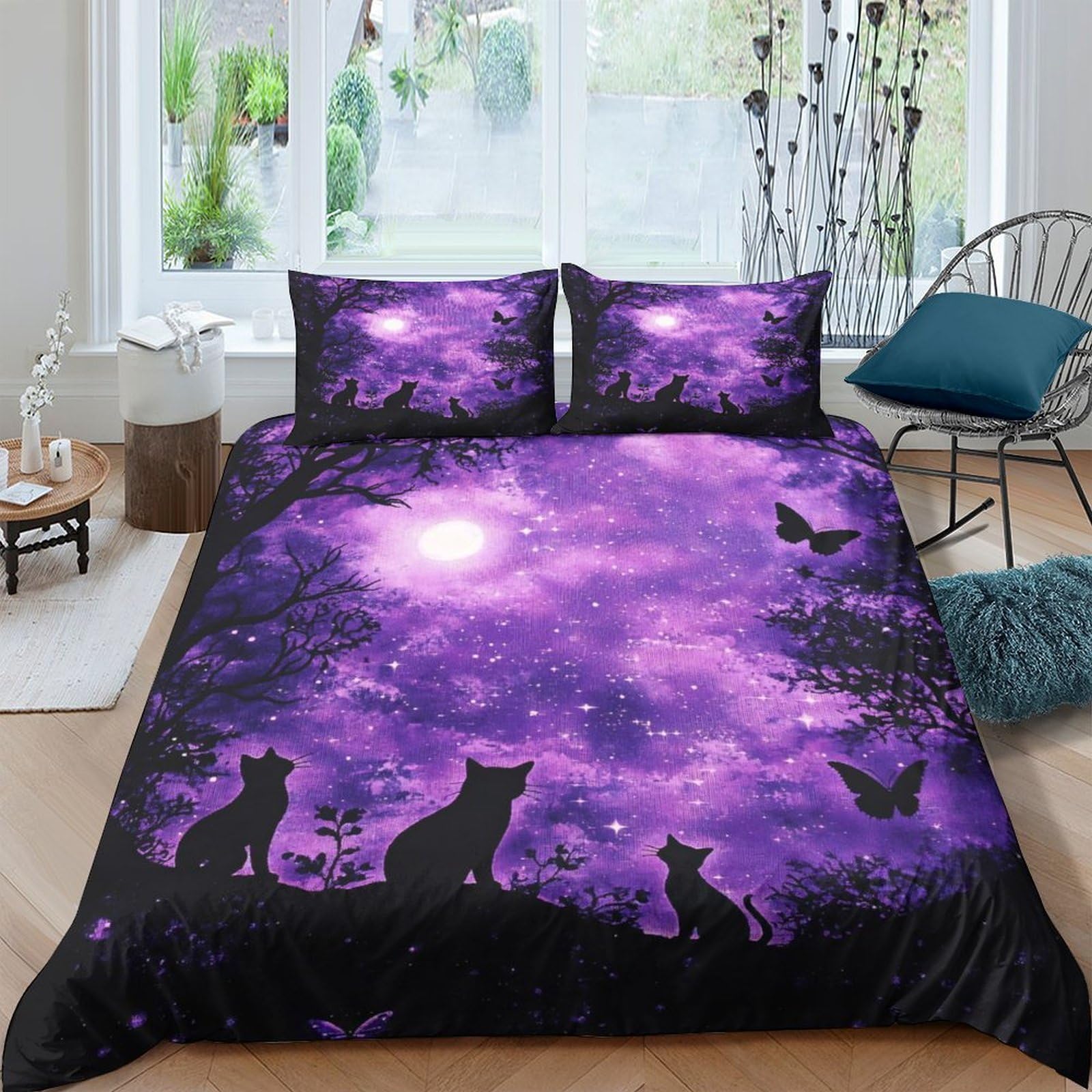 Ctjqhvkz Style-5 3D Printed Purple Starry Night Fitted Sheet Microfiber Soft Black Cat Silhouette Mattress Cover Bedroom Decor Single（135X200cm）