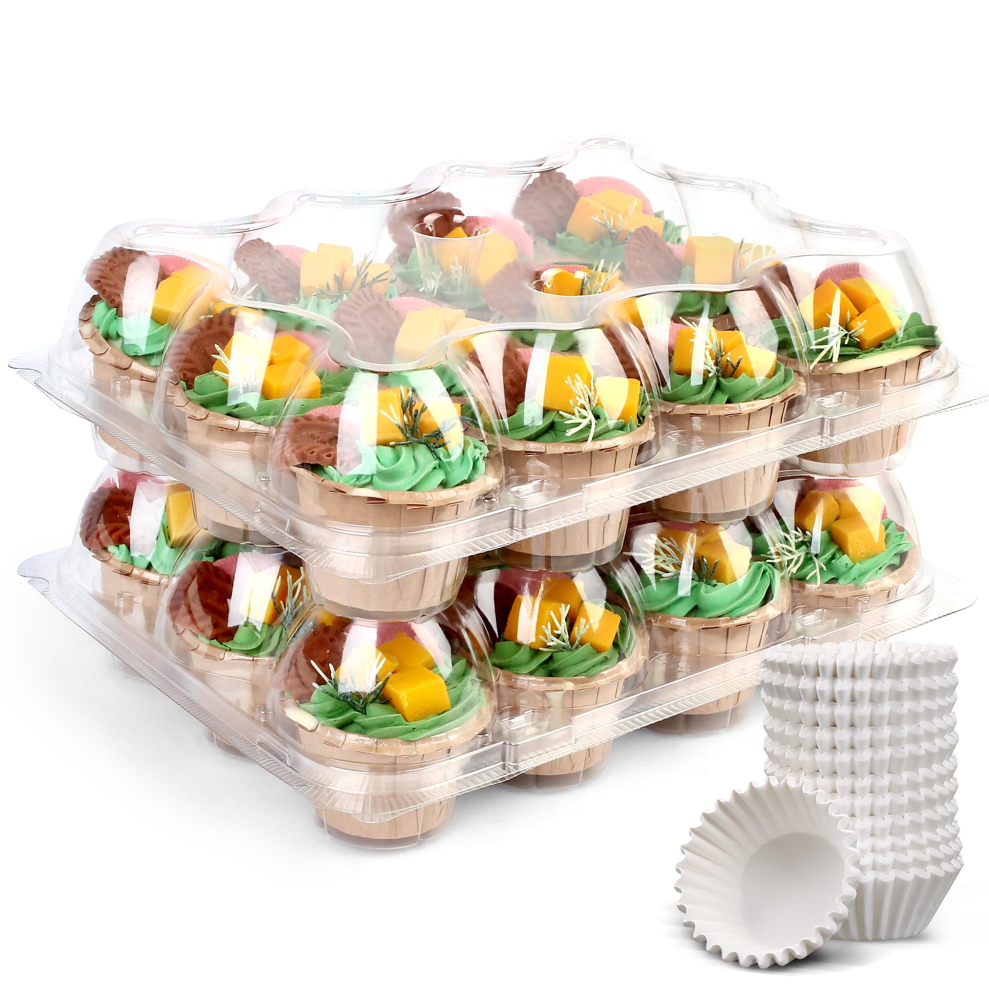 lotfancy cupcake containers 12 count 12 sets plastic dozen cupcake boxes disposable cupcake carrier holder with detachable tall dome lid bpa free standard size