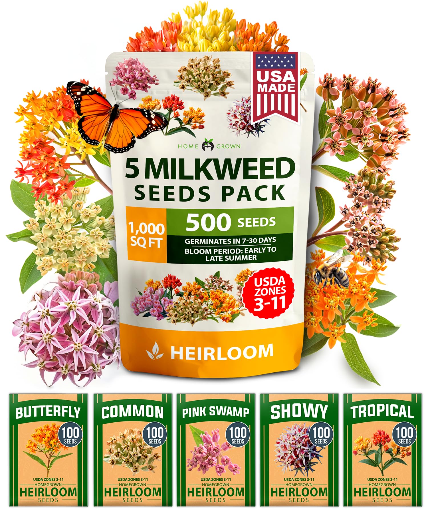 HOME GROWN Milkweed Flower Seeds - 500+ Heirloom Perennial Wildflower Seeds (5 Individual Varieties) Supports Monarch Habitat, Grows in Zones 3-10 (Asclepias syriaca)