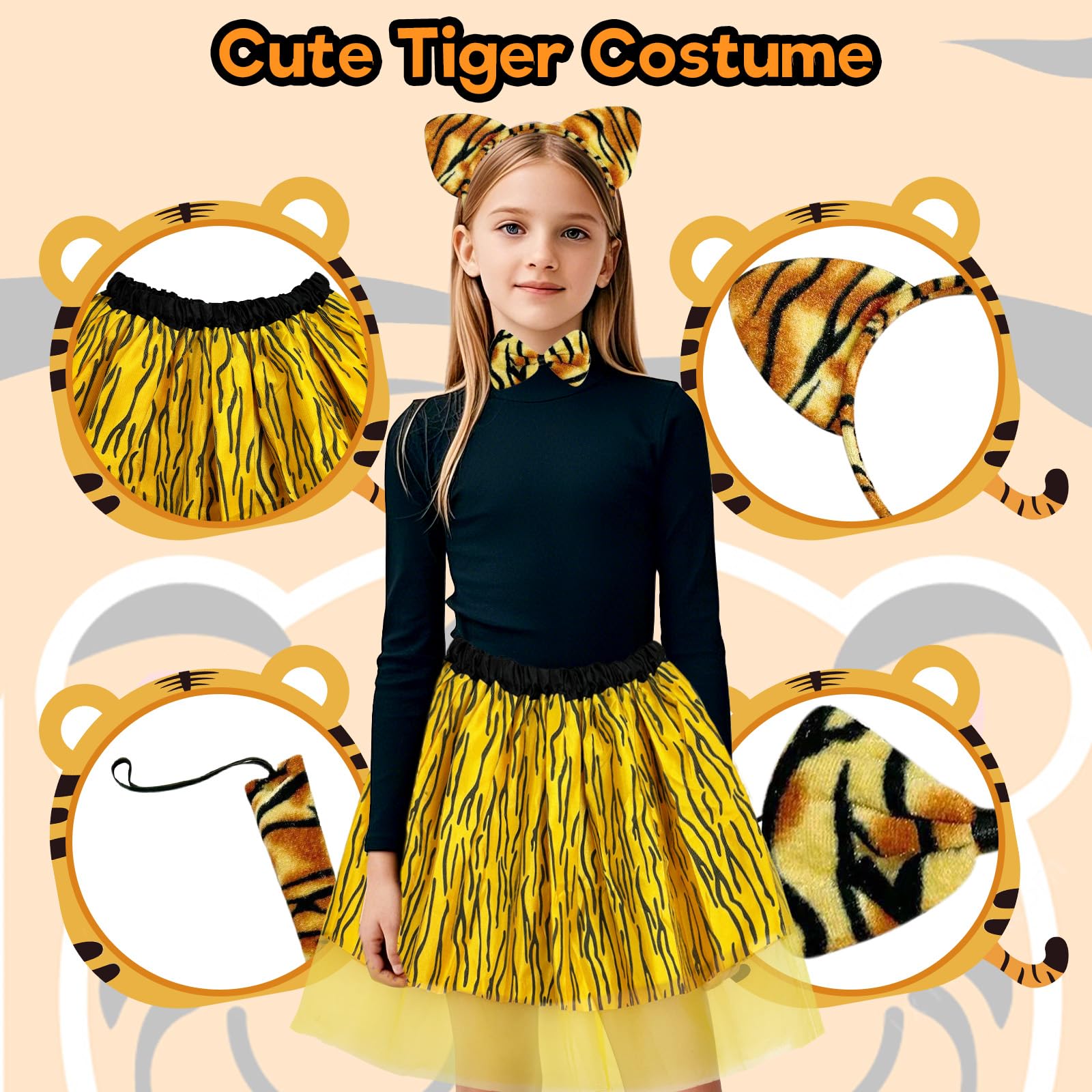 5 Pcs Tiger Costume for Kids Animals Costume for 3-10y Girls, Tiger Stripe Tutu Skirt, Ears, Nose, Tail - Image 3