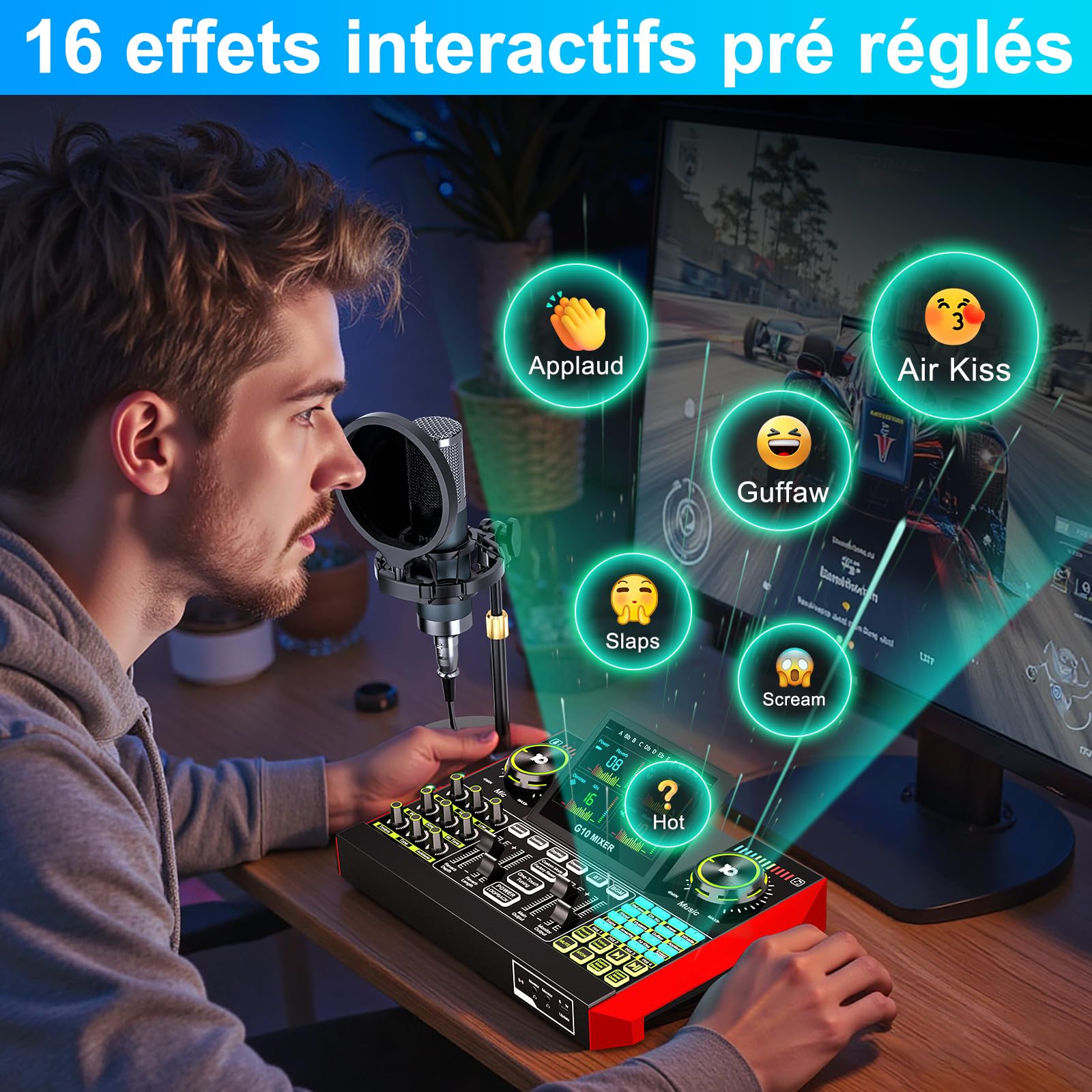 G10 Kit Podcast avec Micro Condenseur P15 et Table de Mixage Live Sound Board - Changeur de Voix, Réduction de Bruit, Mode Follow Singing Karaoké pour Streaming, Gaming, Chant, Podcast Débutant