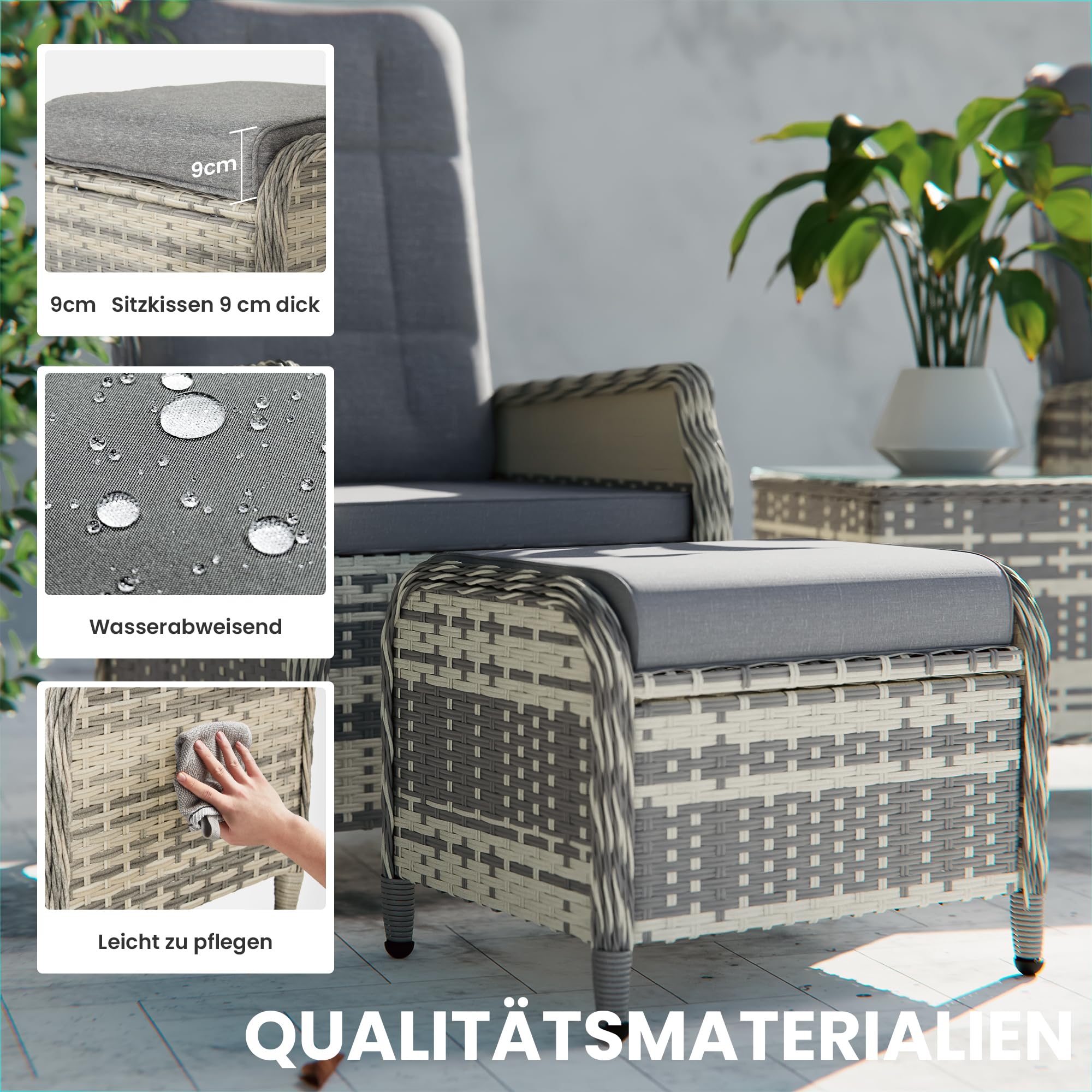 Gotland Rattan Gartenmöbel Set Lounge Möbel Outdoor, Verstellbares 2-Sitzer Terrassen/Balkon möbel Set mit 118° Rückenlehne & Fußhocker, Hochwertige Polster & Glastisch, Gartengarnitur Wetterfest