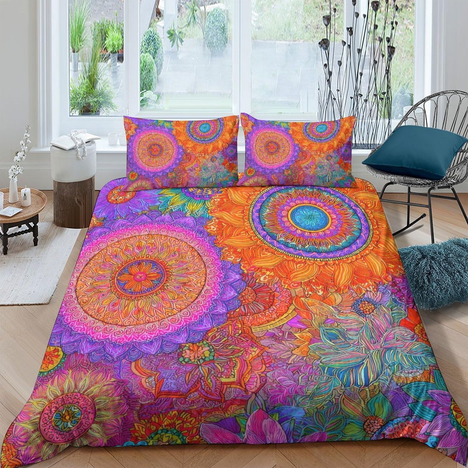 Ctjqhvkz Style-1 3D Printed Boho Mandala Fitted Sheet Microfiber Colourful Psychedelic Mattress Cover Bedroom Decor Washable Anti-Slip Single（135X200cm）