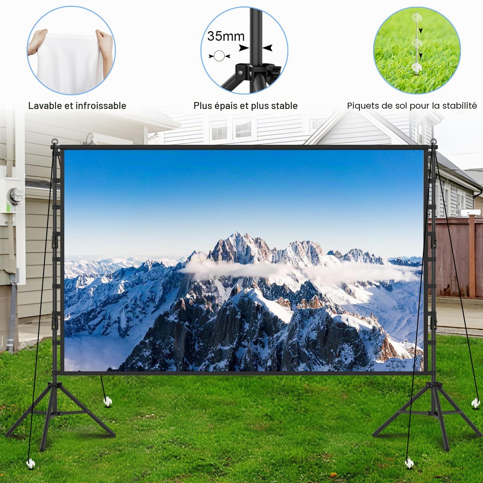 TOWOND Écran de projection extérieur 200", écran de projection portable et support, 16:9 4K HD arrière avec sac de transport pour cinéma de jardin