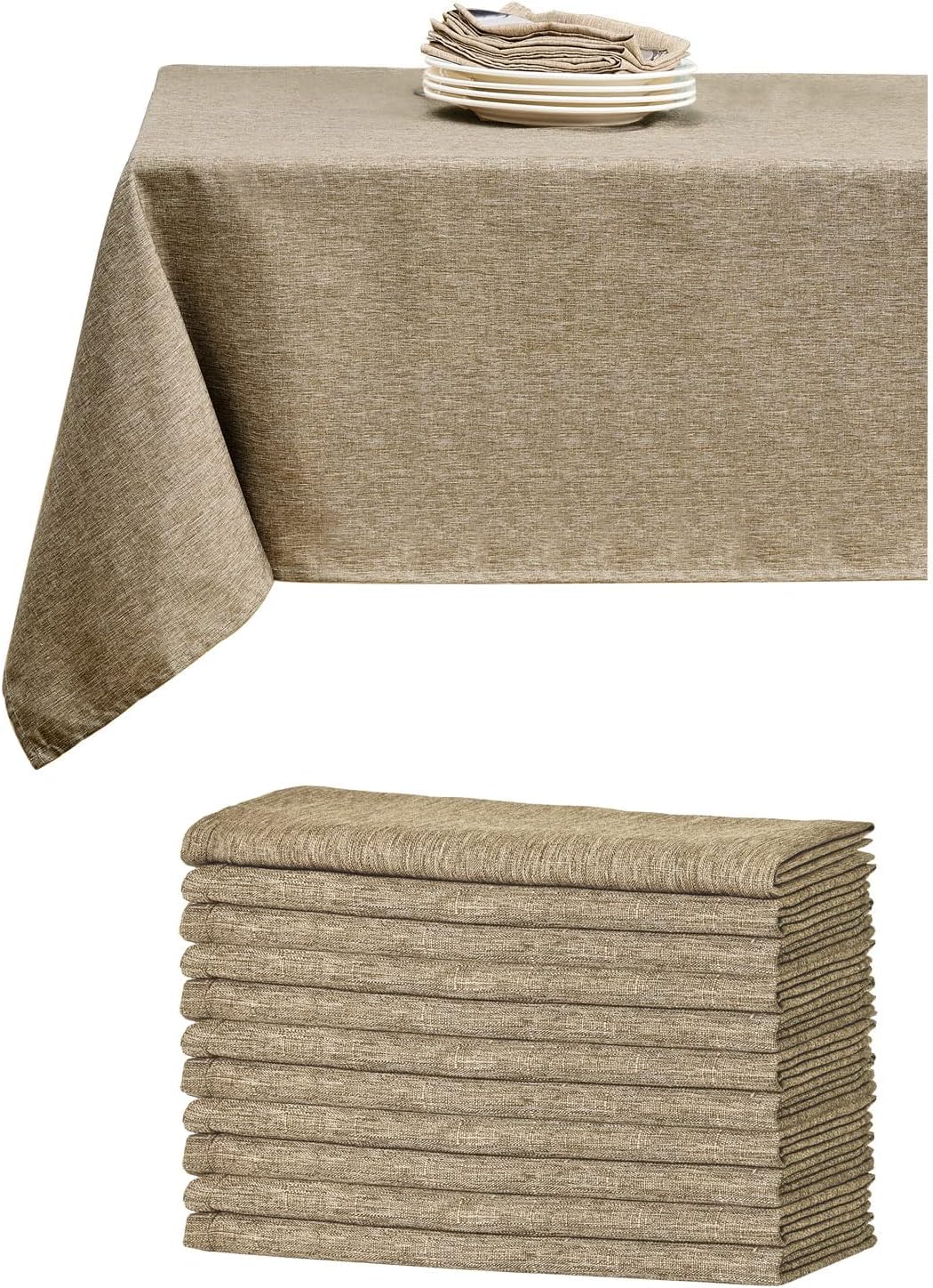 Mebakuk Rectangle Tablecloth and Cloth Napkins Set of 12, Anti-Shrink Soft and Wrinkle Resistant Decorative Fabric for Wedding Party Restaurant Dinner Parties (60 x 84 Inch Mocha)