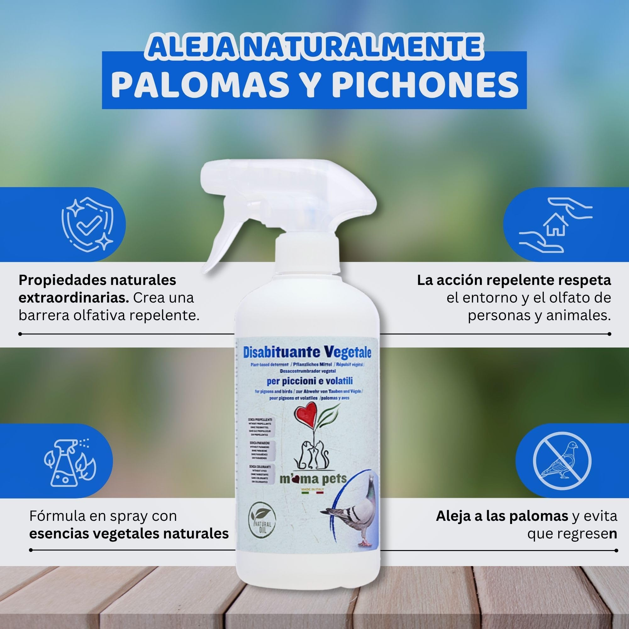 Mama Pets Spray Repelente Natural para Palomas, Pájaros, Gaviotas y Avès, Disuasor para Exteriores: Ventanas, Alféizares, Terrazas, Balcones y Barcos, 500 ml