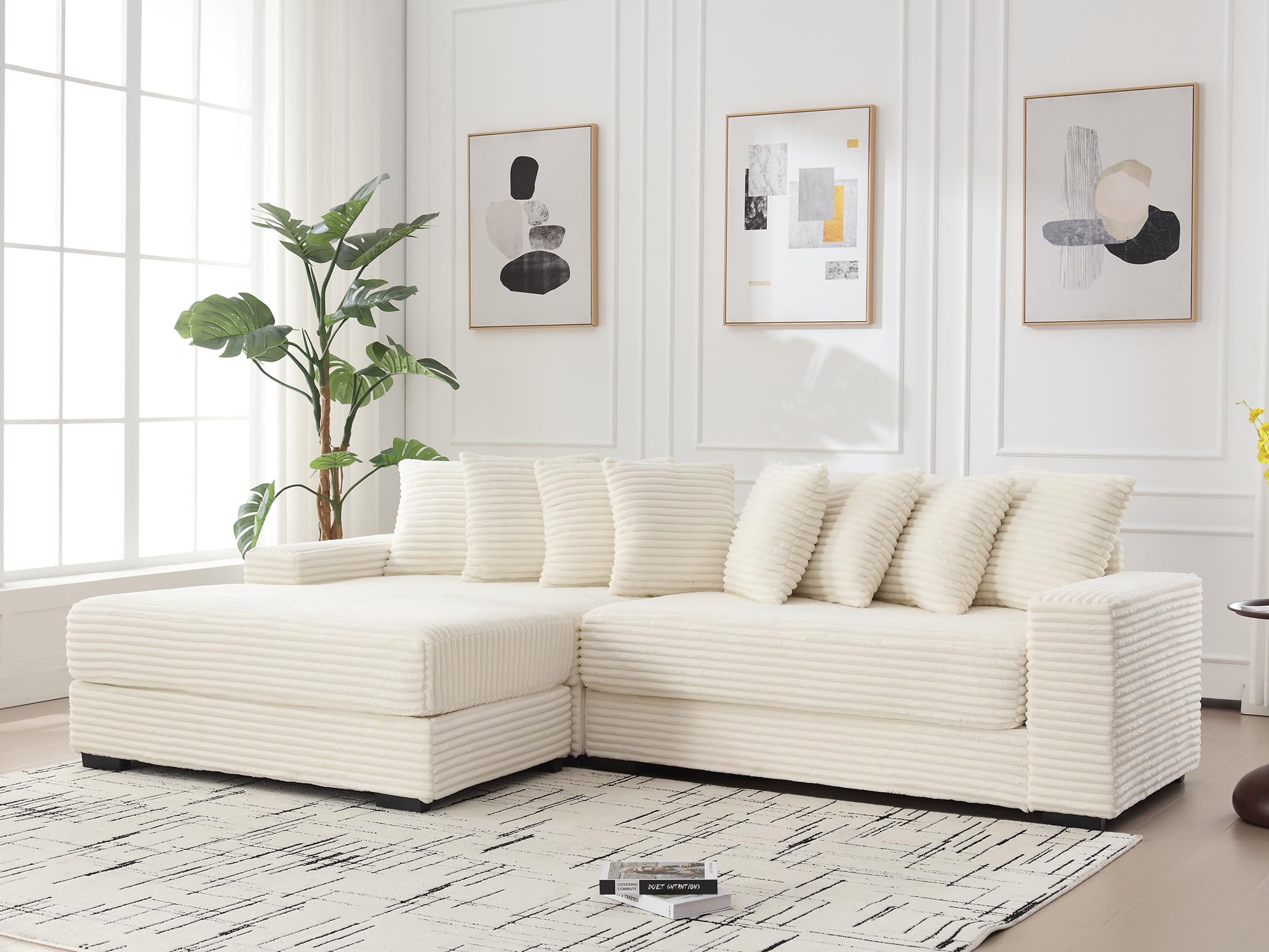 Modern Sectional Couch,111" W Corduroy L Shaped Couch with Chaise & 8 Throw Pillows,Upholstered Comfy Cloud Sofa,Deep Seat Corner Sofa Sleeper Bed for