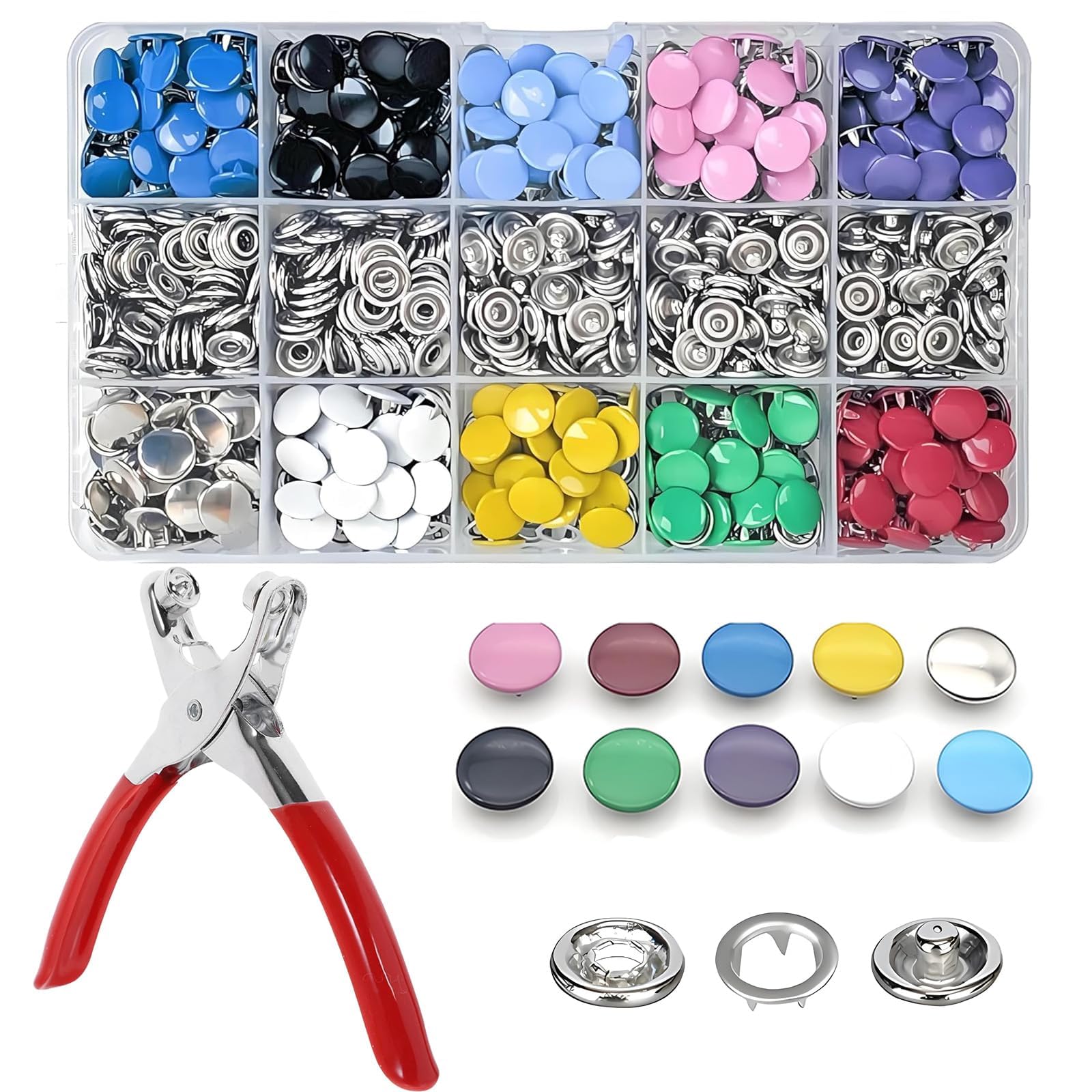 200 Pcs Snap Button Fastener Kit, Press Studs Snap Fasteners with Pressure Pliers Practical Poppers Fasteners, Press Stud kit Suitable for Clothes Bags Curtains