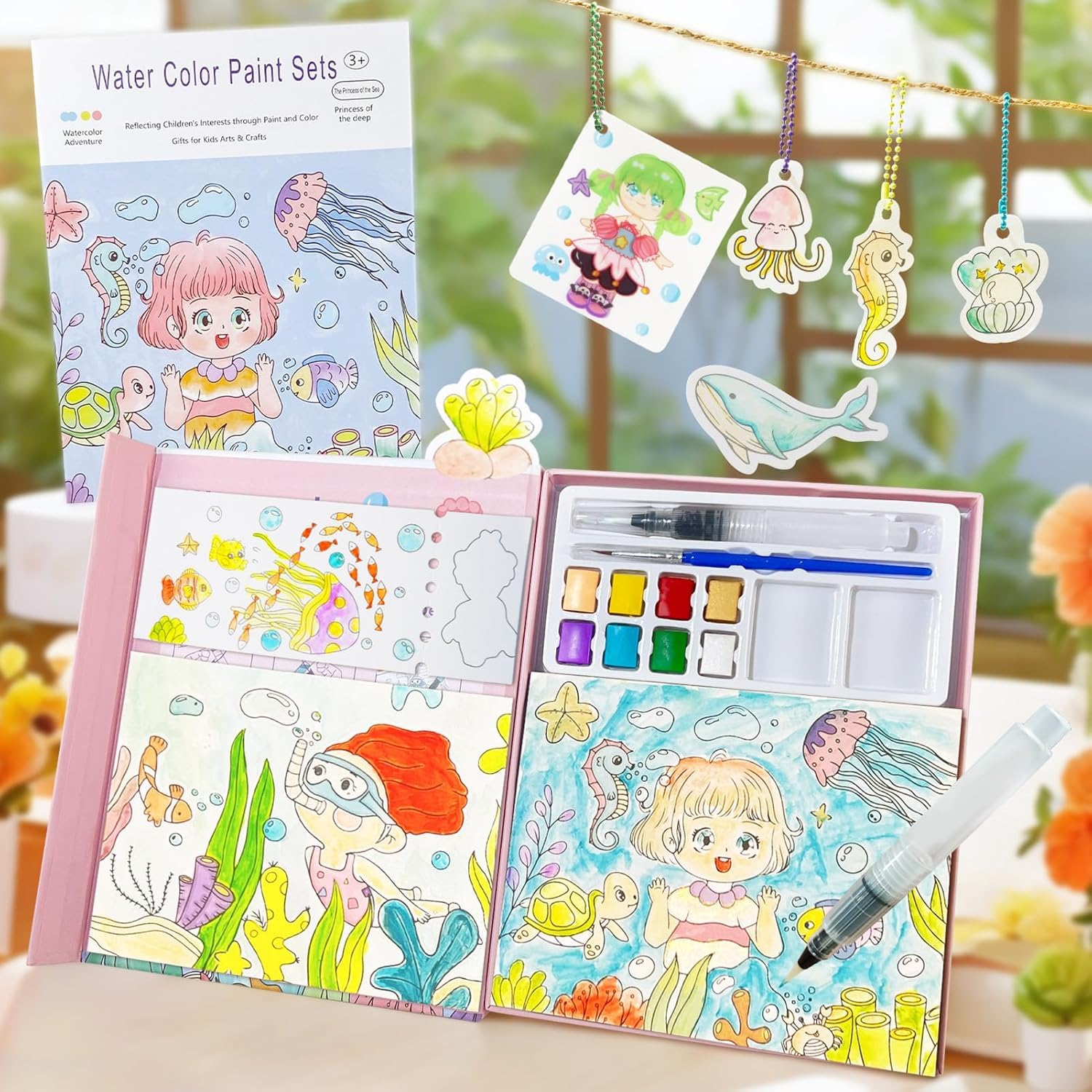 Sea World Watercolor Paint Book, Easy Watercolor Painting Book for Beginners, Sticker Book - No Mess Pocket Painting Kit for Kids & Toddlers, DIY Postcards, Bookmarks, Schoolbag Pendants, Ocean-Themed Birthday & Christmas Gift, Travel Activity, Foil Craft Set