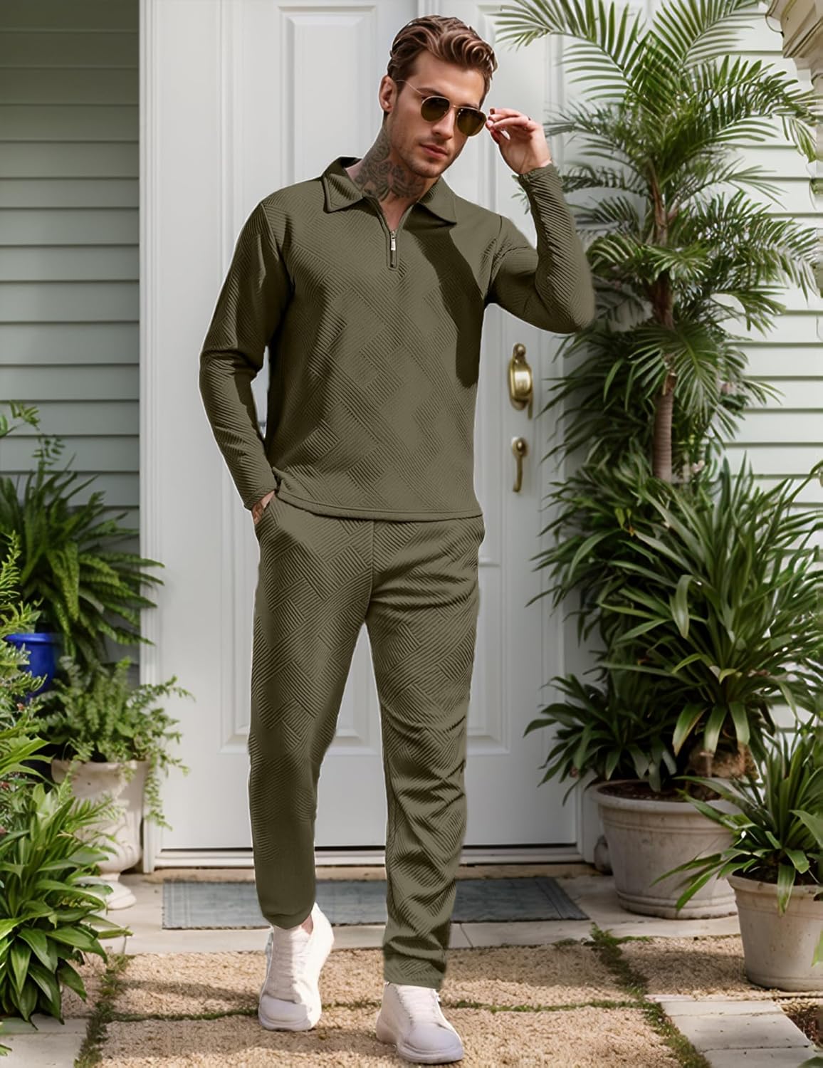 UOUA Mens 2 Piece Set Casual Outfits Polo Long Sleeve Shirt & Pants Tracksuit Loungewear Athletic Jogger Sweatsuit - Image 2