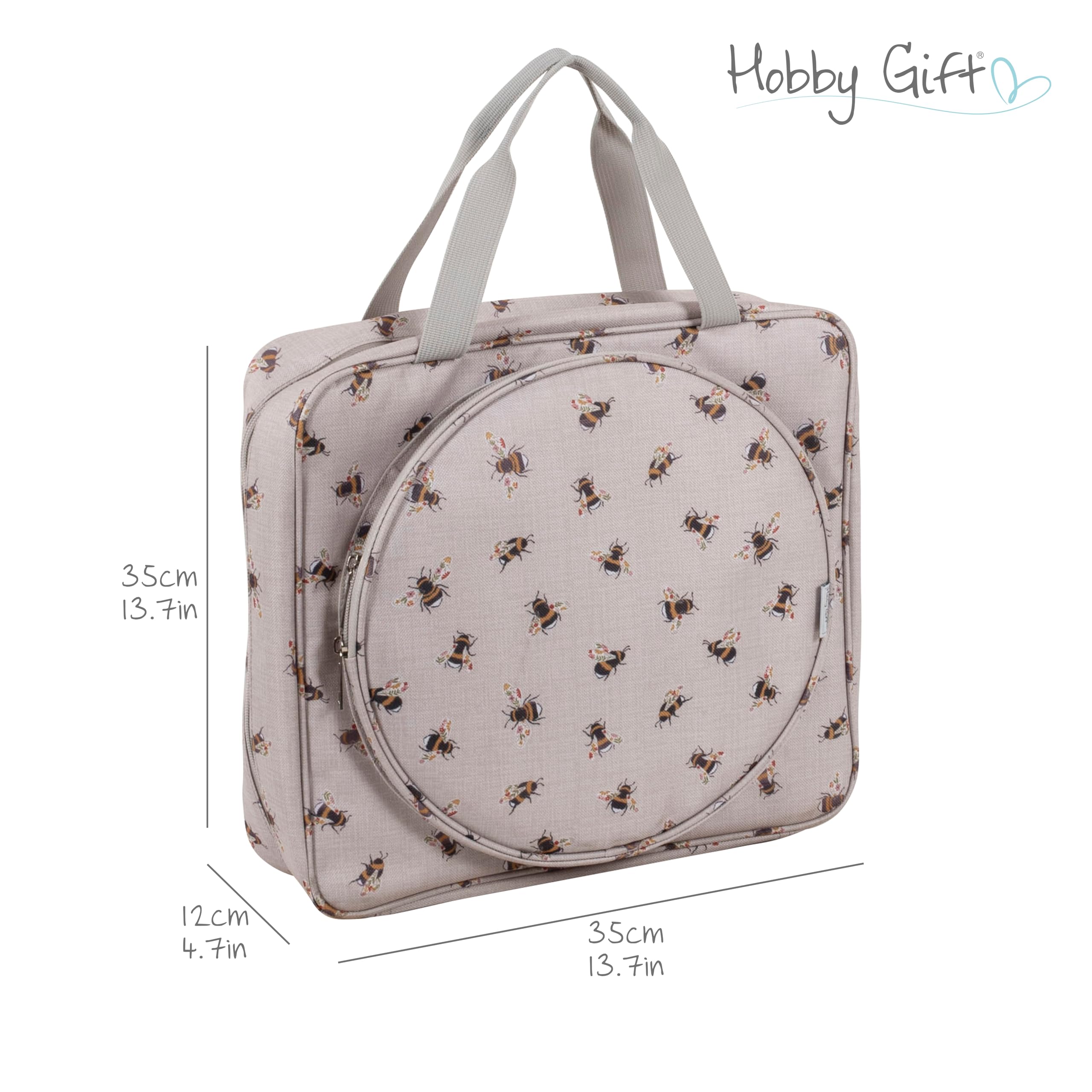 Hobby Gift Sac à Broderie et à Point de Croix Bee Craft Bag Rangement pour Cadres Multi-cerceaux jusqu'à 25 cm avec 2 Poches zippées pour Fils, patrons, Léger et Durable 12 x 35 x 35 cm