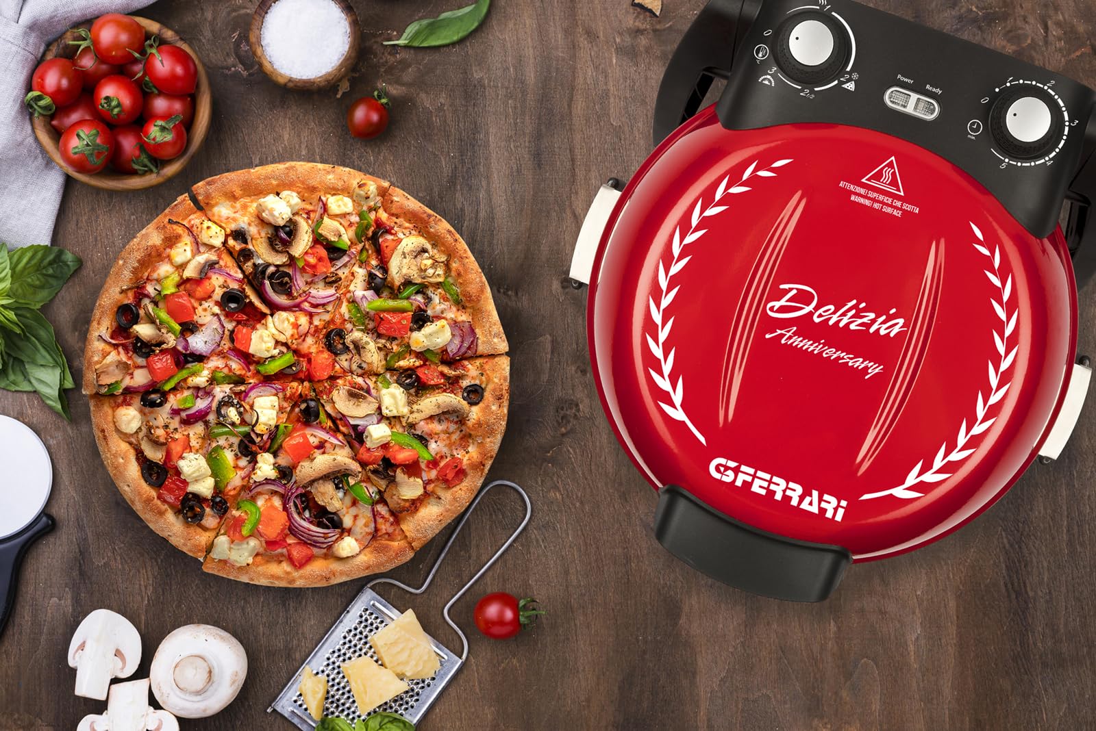 G3 Ferrari G10177 Delizia Anniversary four à pizza électrique jusqu’à 400°C, pierre réfractaire Ø 31 cm amovible, double élément chauffant en acier, voyants lumineux, accessoires inclus