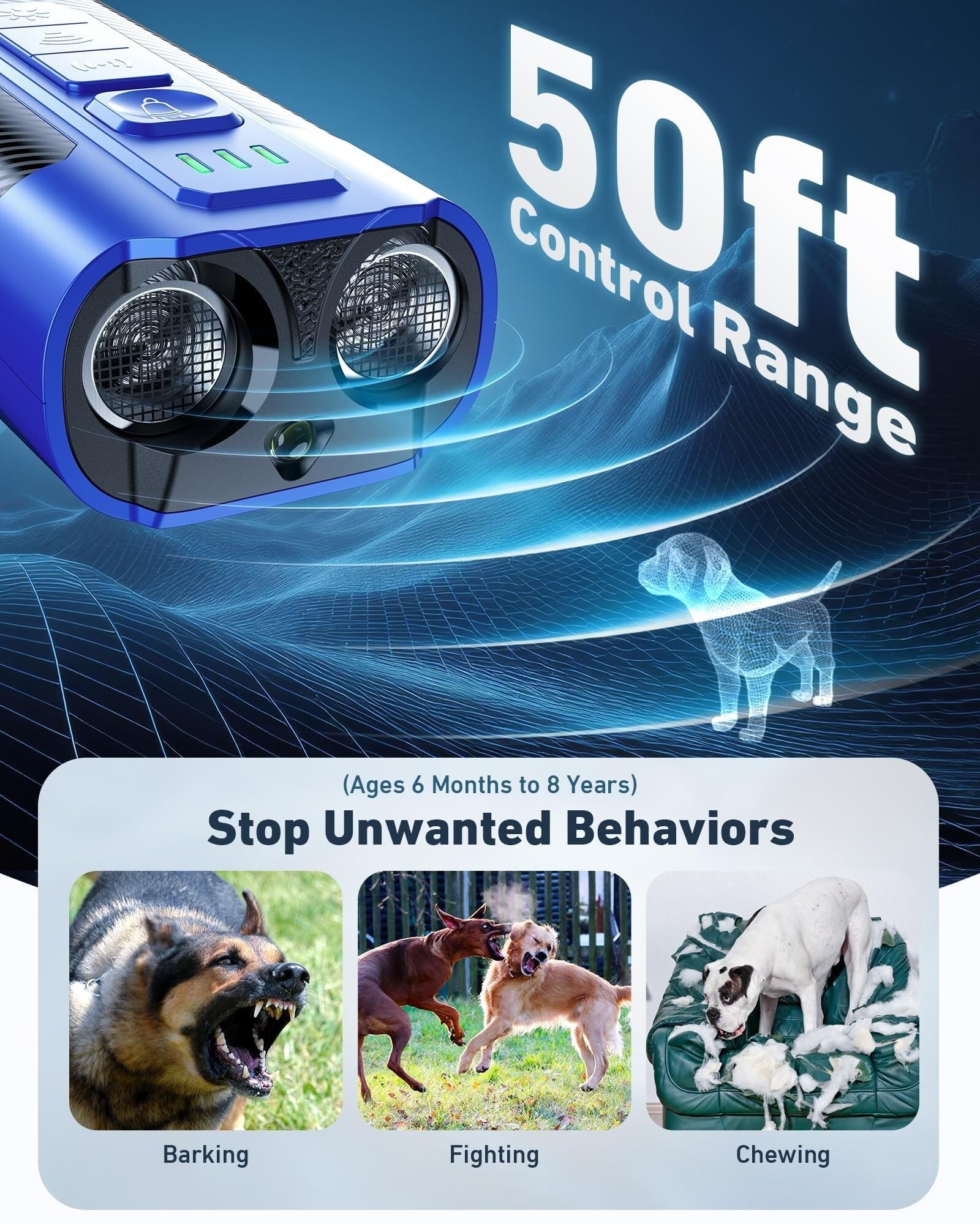Dispositif Anti-aboiements à ultrasons for Chiens, portée de 15 m, Rechargeable