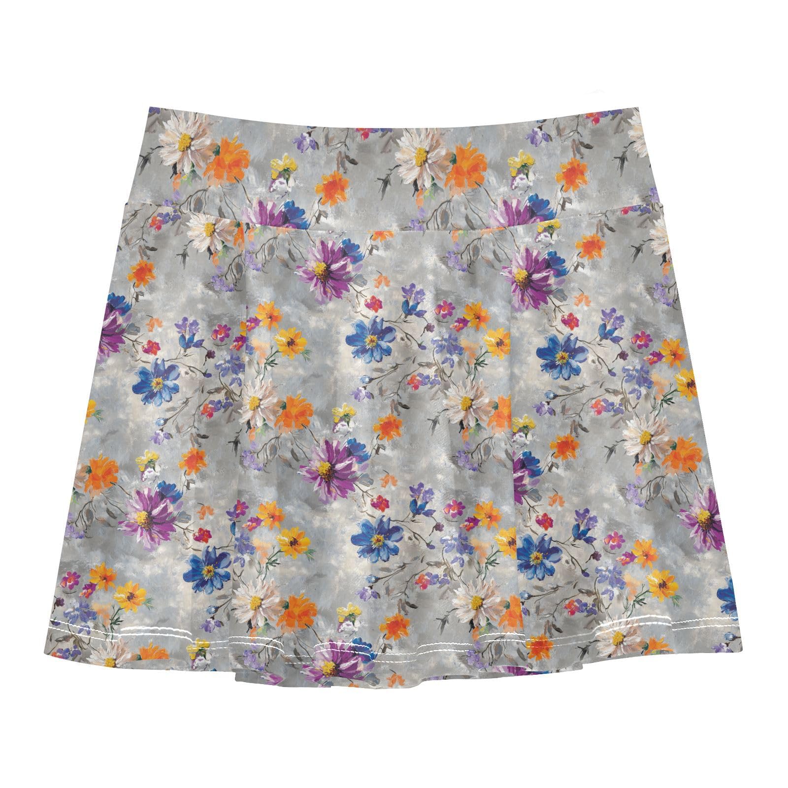 Flower in Vintage Flowy Girls Athletic Skirt with Shorts Girl Pleated Skirt Scort Skirt Little GirlWith Pockets