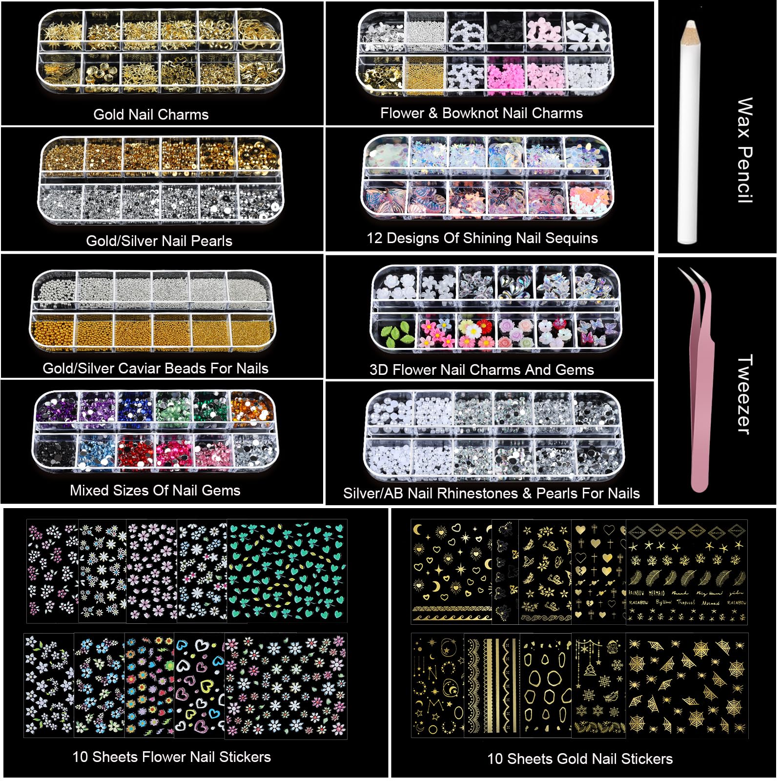 Dijes de uñas para kit de arte de uñas, 8 cajas de diamantes de imitación para uñas, perlas para uñas con 20 hojas de calcomanías de arte de uñas, dijes de uñas dorados 3D y gemas suministros 7