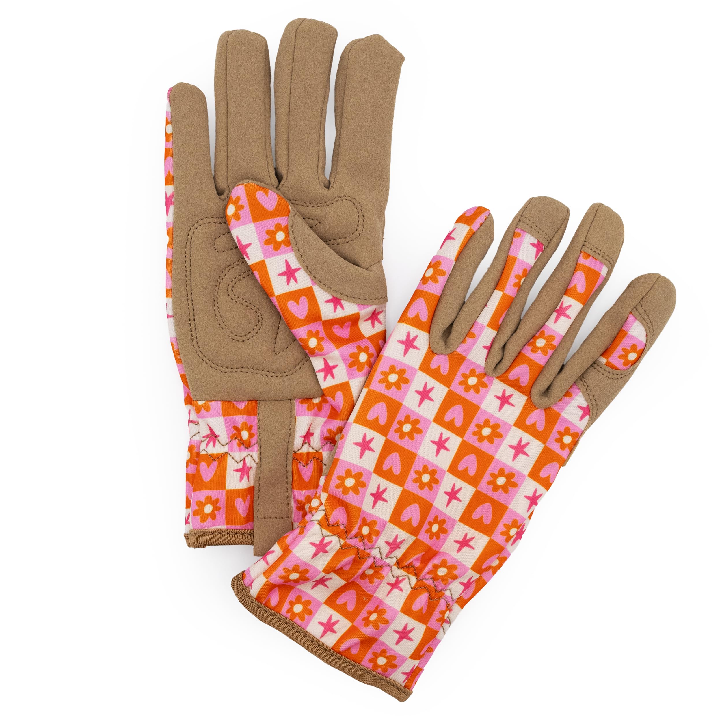 Women's Gardening Gloves - Lover Check Design - One Size - Padded with Elastic Cuffs, Red