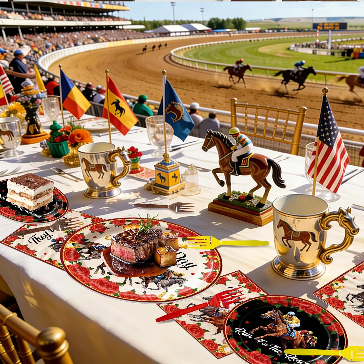 96 Pcs Derby Party Supplies – Horse Racing Disposable Plates, Napkins, and Forks with Roses and Jockey Designs for Kentucky Parties, Horse Racing Events, and Spring Celebrations