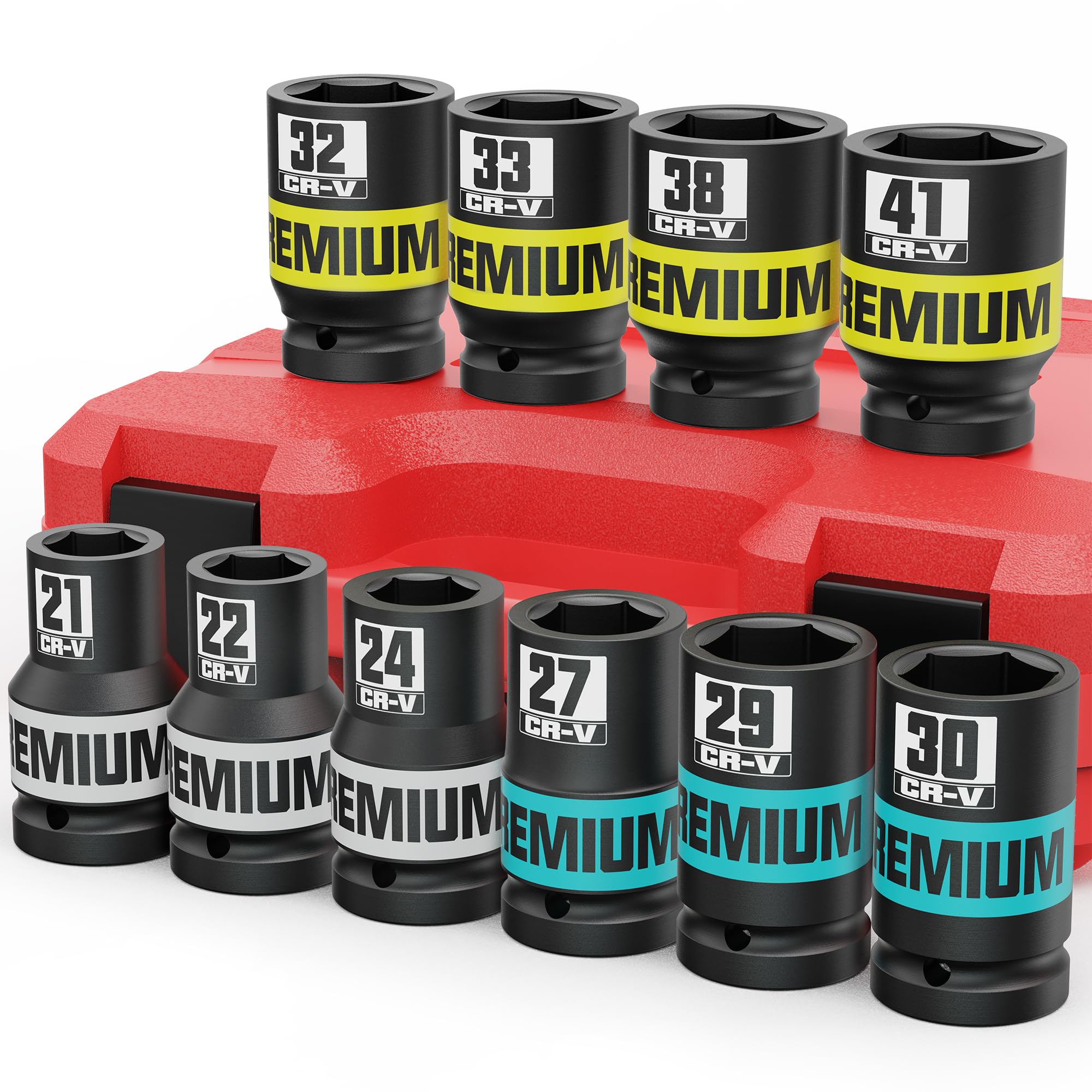 Aurlloct 1" Drive Impact Socket Set, 10Pcs Deep Sockets, 21-41 mm Jumbo Socket Set, Repair Automotive Truck Tractor Engine Maintenance