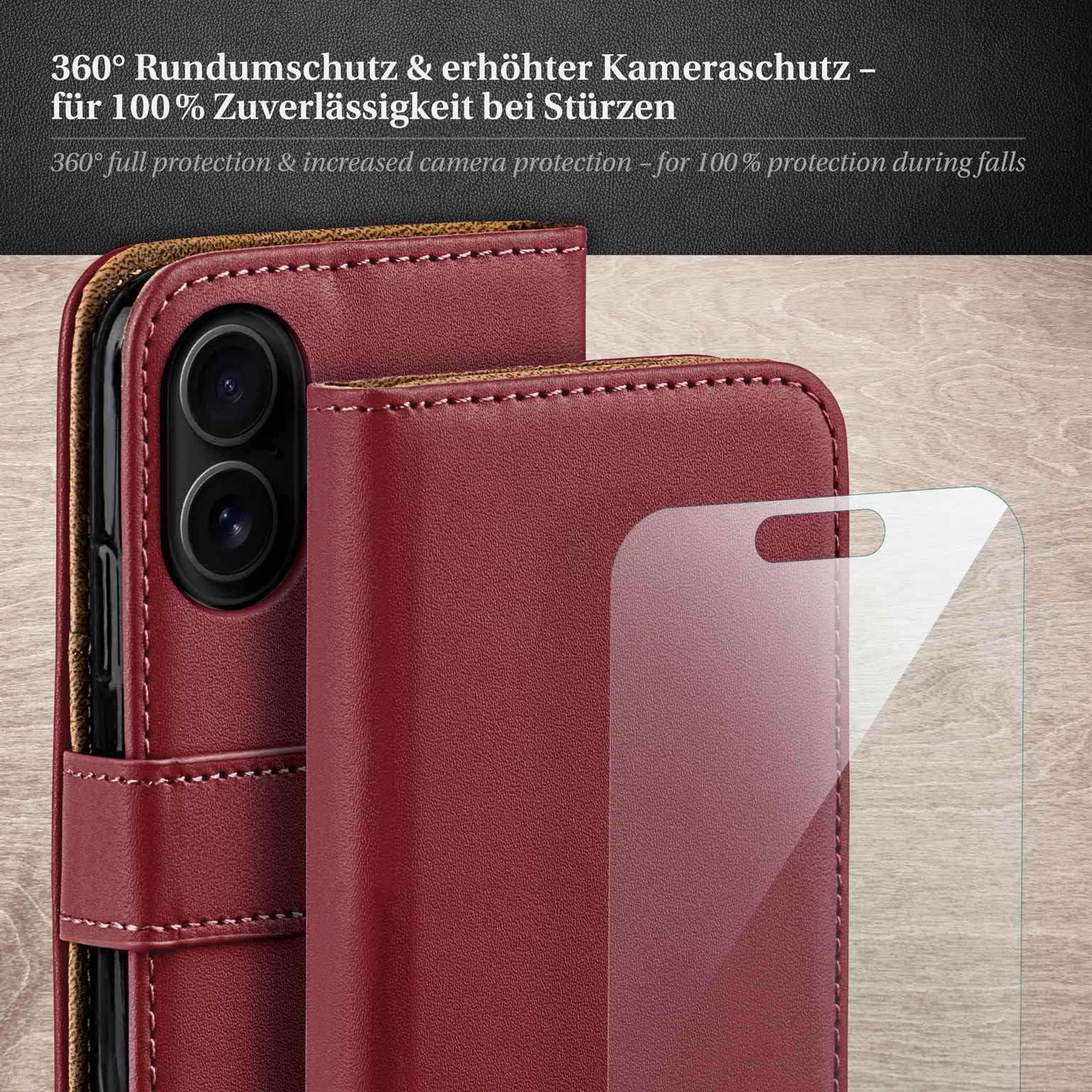 moex Zestaw 4 w 1 do iPhone 17 etui z 3 folią ochronną, etui na telefon komórkowy, przegródka na karty [Book Case etui z klapką + folia FlexProtec], całkowita ochrona 360 stopni, bordowe