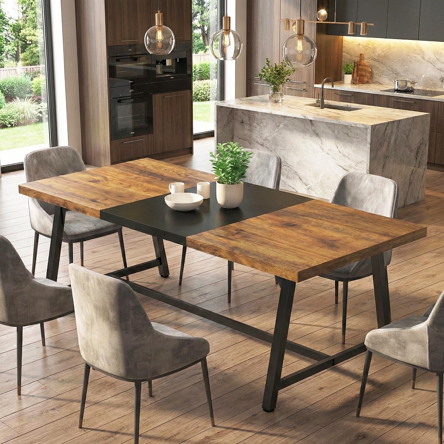 Klaxon Dining Table 6 Seater with Metal Legs | Modern Dining Table in Black & Forest Dark Finish | (Forest Dark & Black-2, DIY Installation)-image-3