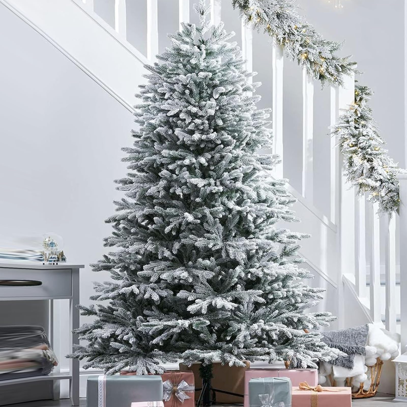 8ft/2.4m 1300 Branch Snow Flocked Artificial Faux-Pine Christmas Tree with Foldable Metal Stand