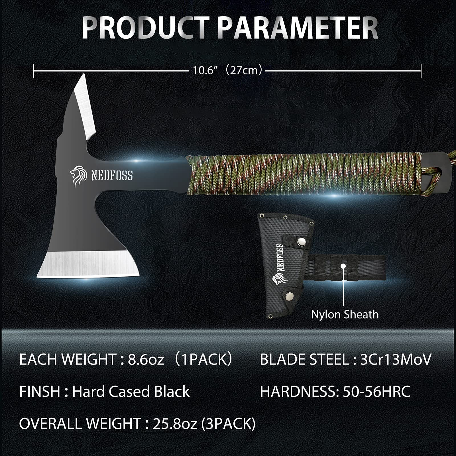 NedFoss Throwing Axes and Tomahawks, Throwing Axe Pack of 3, 10.6" Full