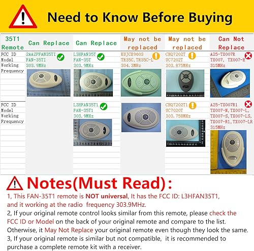 Miniatura 2 de Reemplazo 35T1 para control remoto del ventilador de techo Harbor Breeze Allen Roth, con regulador de luz de 3 velocidades 303.9 MHz, reemplaza 53T