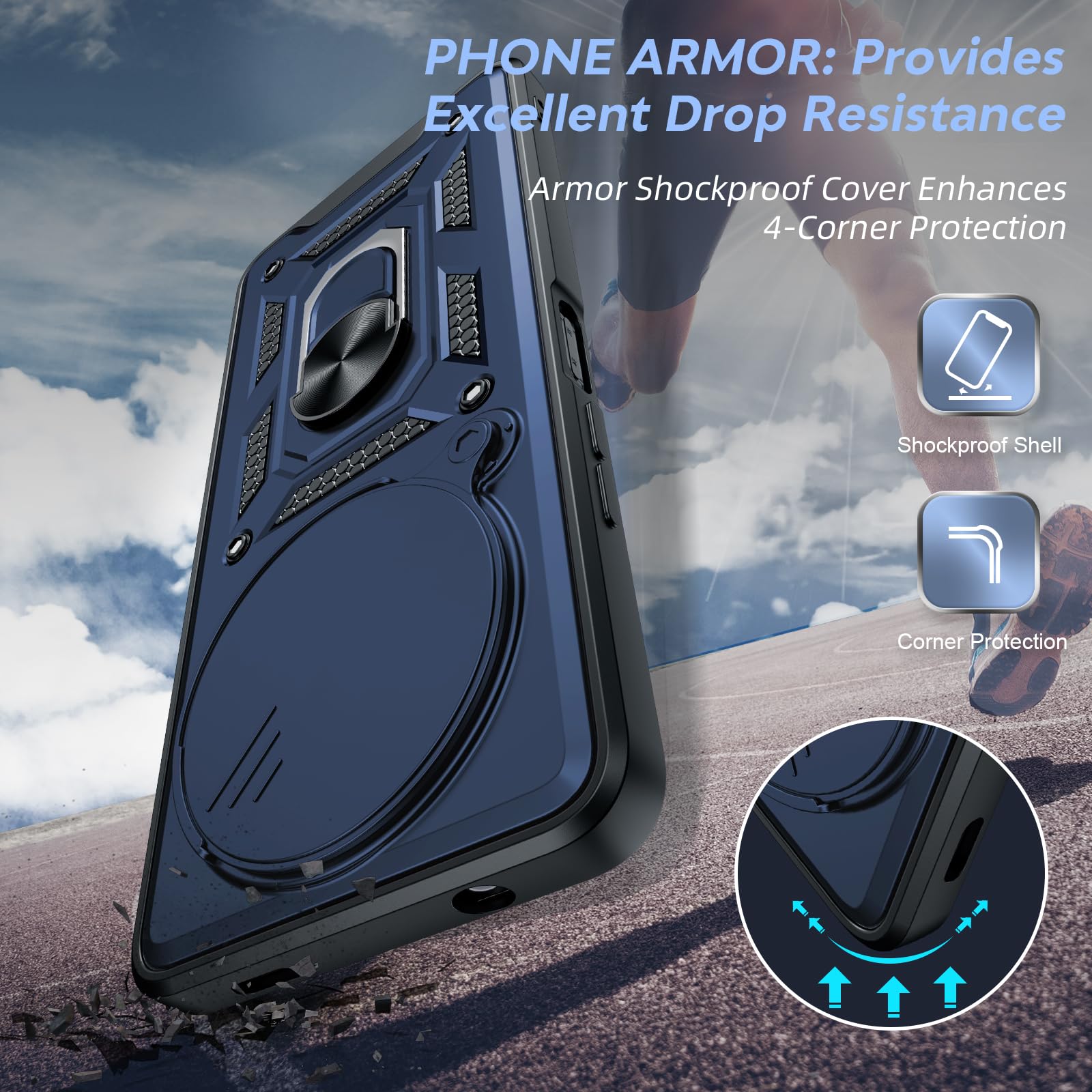 ESTH® Case For Xiaomi Redmi A3 4G With Slide Camera Cover, Military Grade Shockproof Protective Cover With Rotatable Metal Ring Kickstand [Support