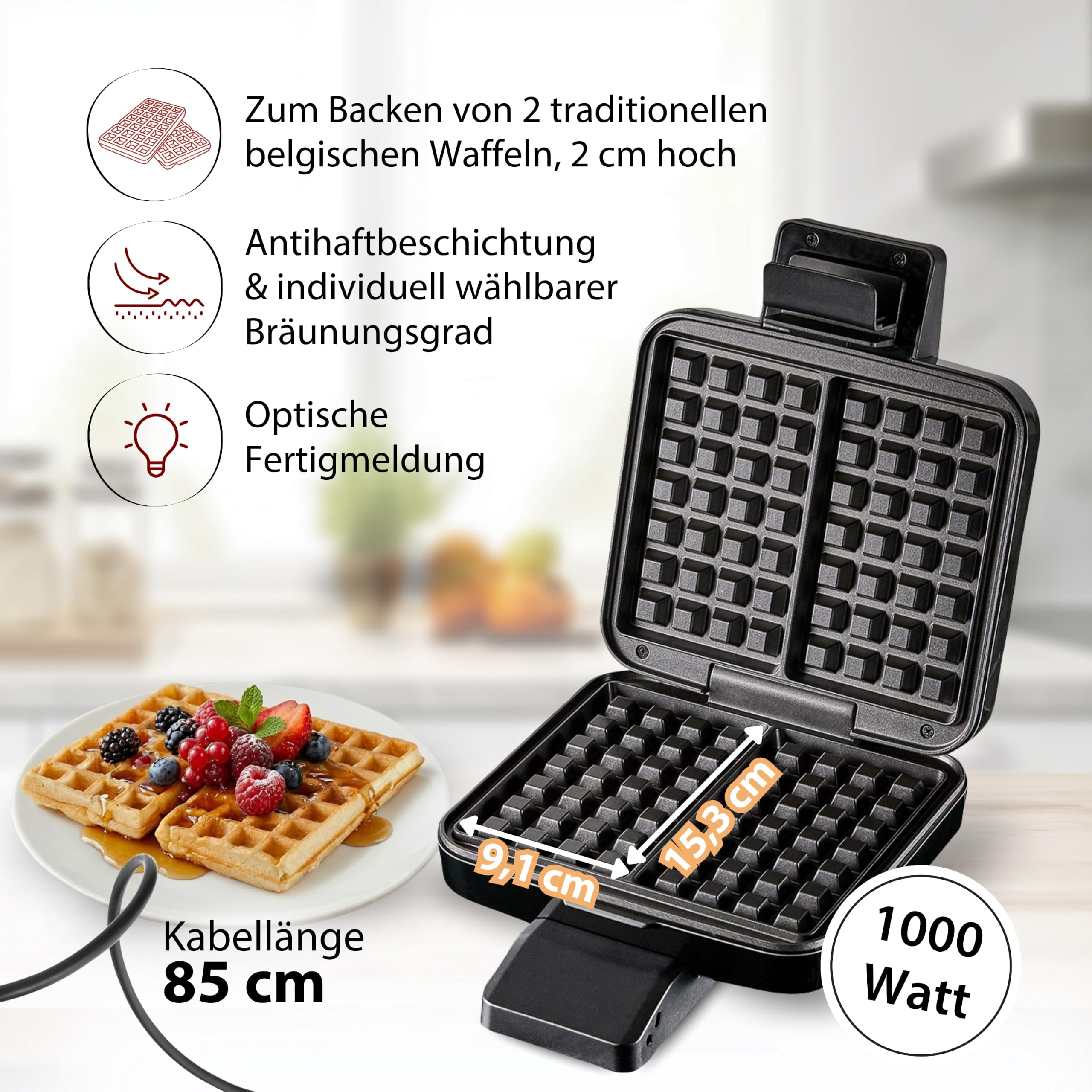 Cloer 1420 Brüsseler Waffeleisen für 2 Belgische Waffeln 9 x 15,5 cm, Duo-Waffeleisen mit Antihaftbeschichtung PFAS-frei, stufenlosem Bräunungsgrad und Backampel, schwarzes Kunststoffgehäuse, 1000 W