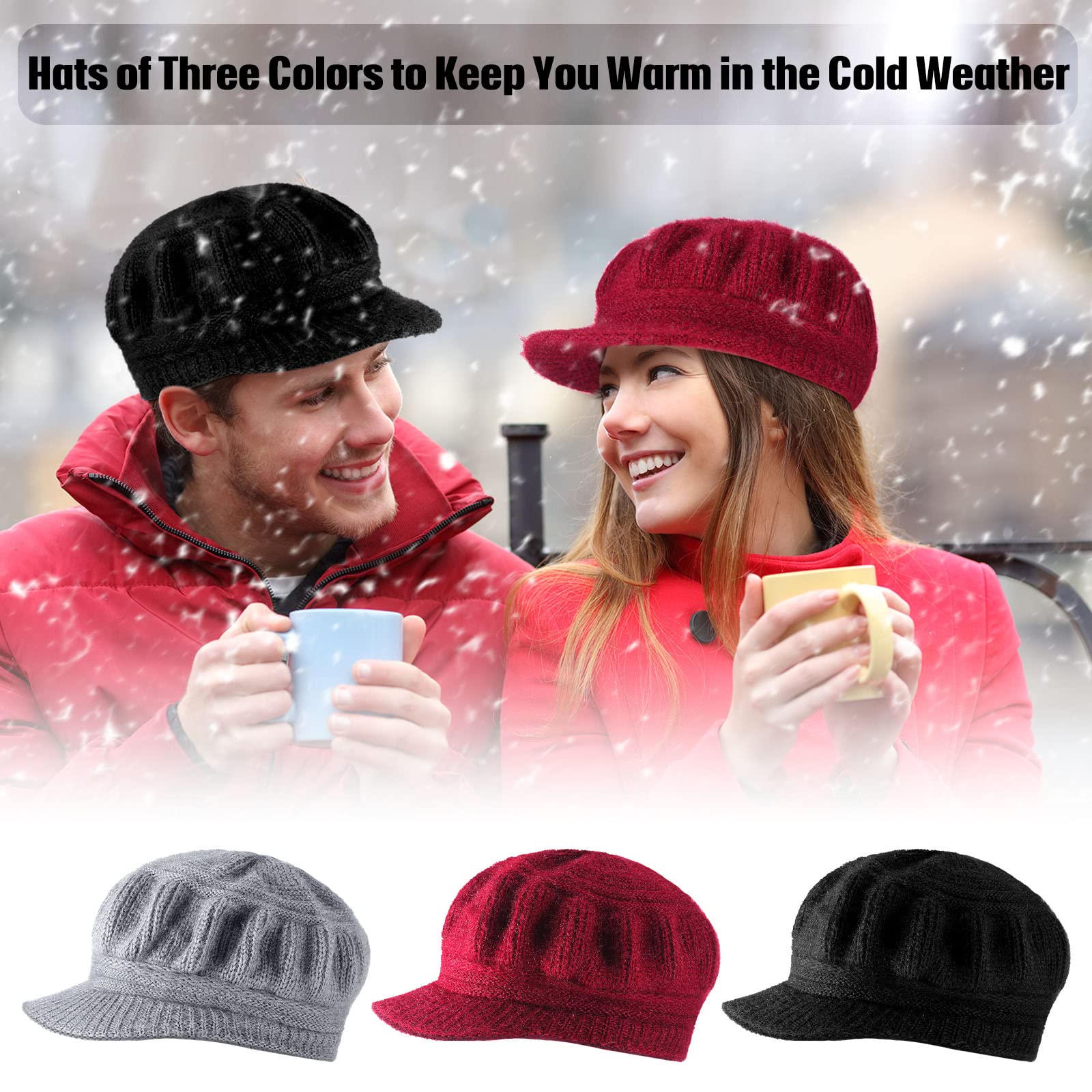 Mepase 3 Pieces Women Warm Hat for Winter Slouchy Beanie Cap with Visor Knitted Newsboy Hats for Women Ski Snow