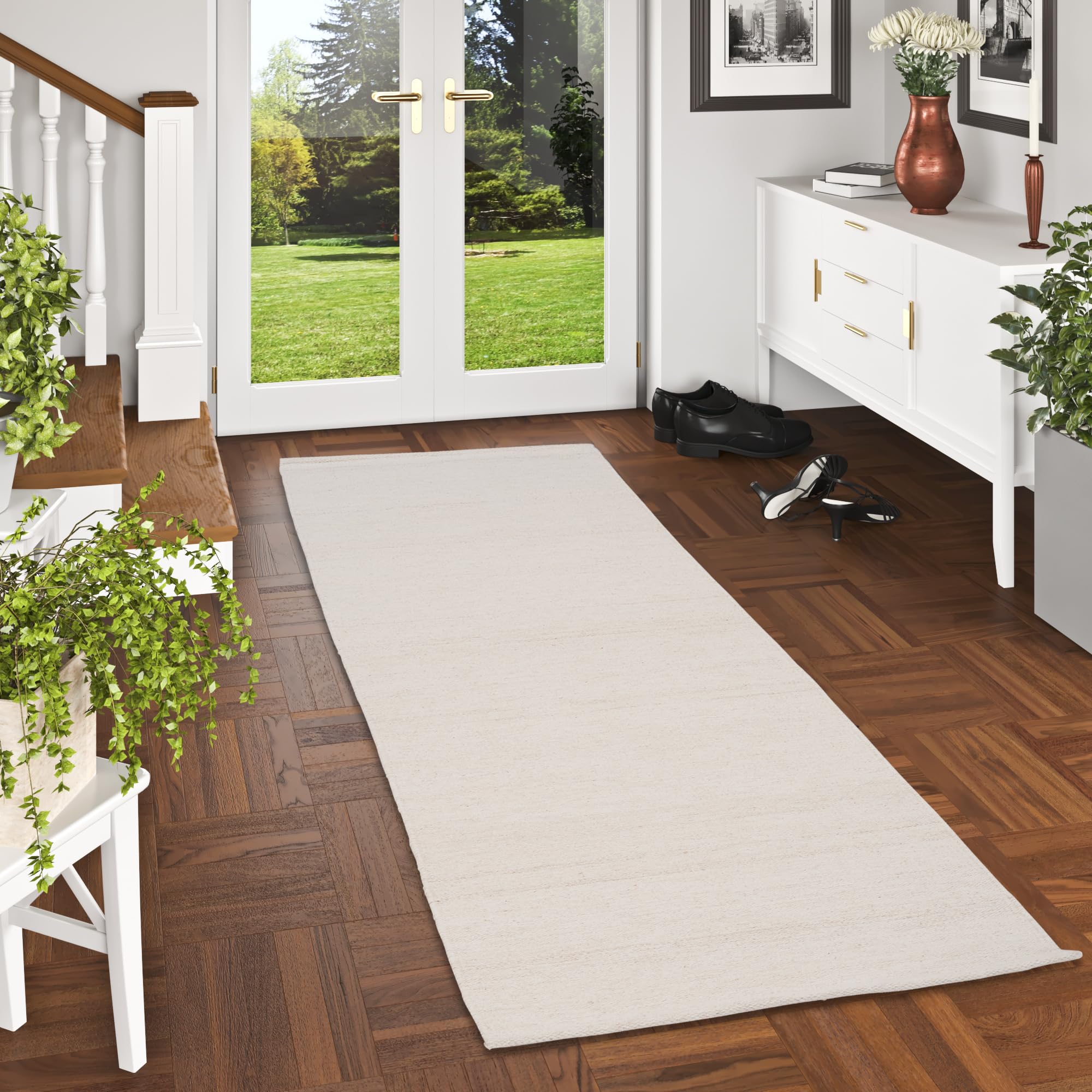 Pergamon Tapis Couloir Woolly Kelim 100% Laine, Blanc Laine Mêlé Naturel, Tissé à la Main, Facile à Entretenir, Tapis Moderne pour Couloir, Salon et Cuisine, Tapis en Laine de Haute Qualité