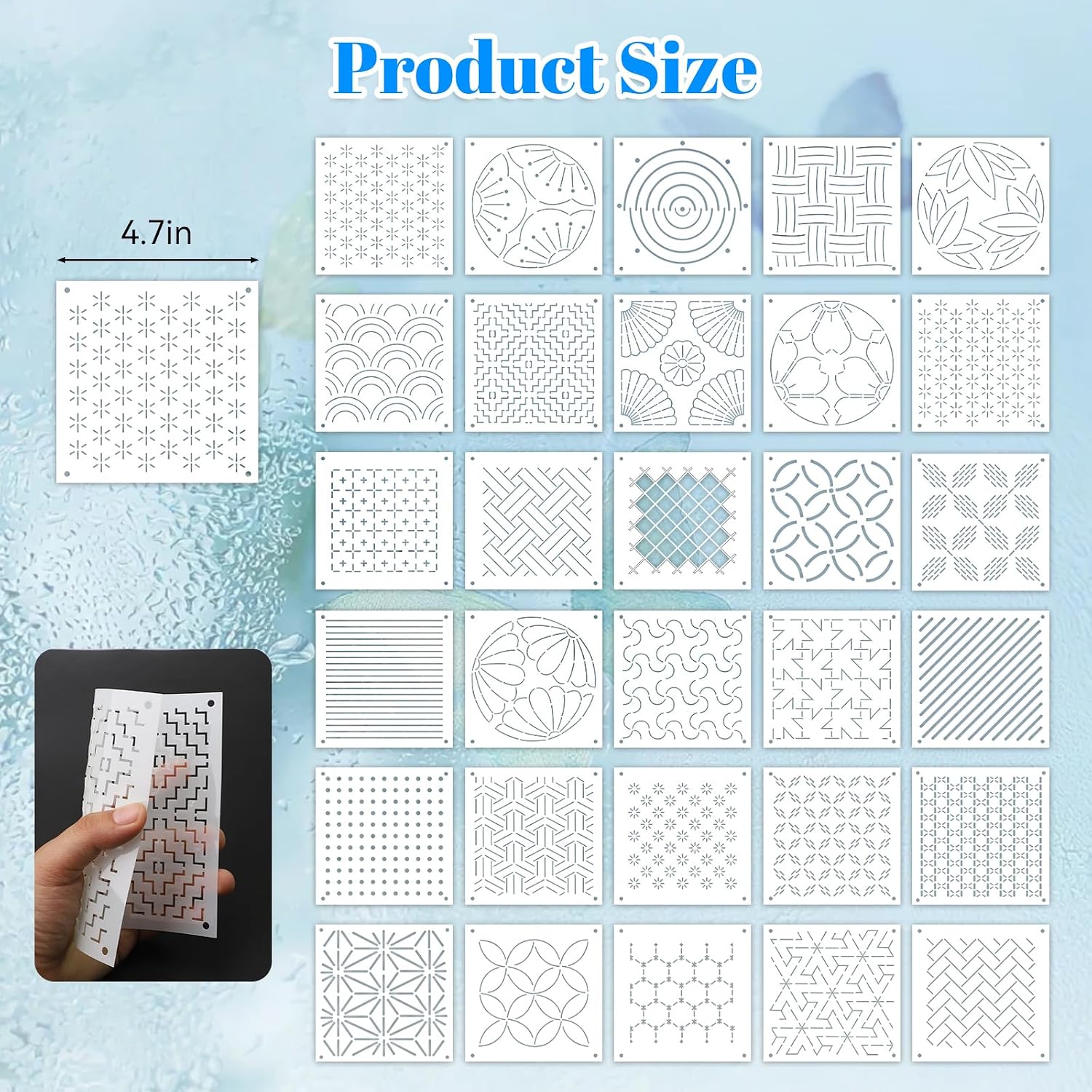 64 Pcs Sashiko Kit - 30 Sashiko Templates, 8 Skeins Sashiko Thread, Needles, Water Erasable Pens, Thimble & Seam Ripper for Japanese Embroidery, Hand Quilting & Mending